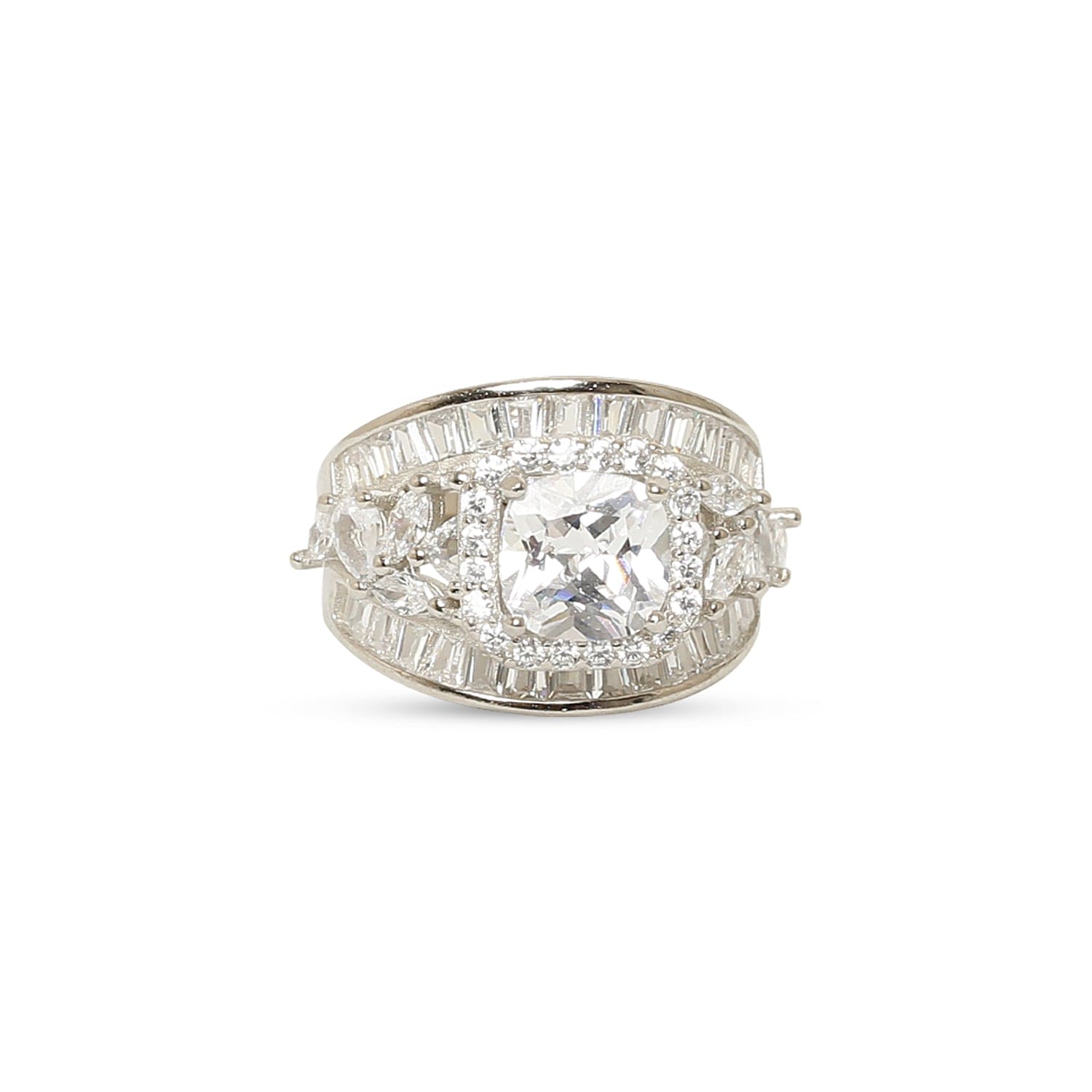 SASSY BAGUETTE-CUT ZIRCON STUDDED STATEMENT SILVER RING