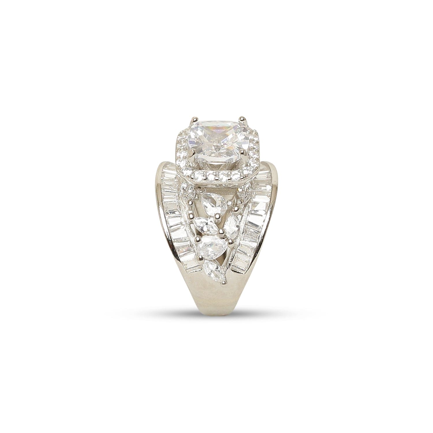 SASSY BAGUETTE-CUT ZIRCON STUDDED STATEMENT SILVER RING