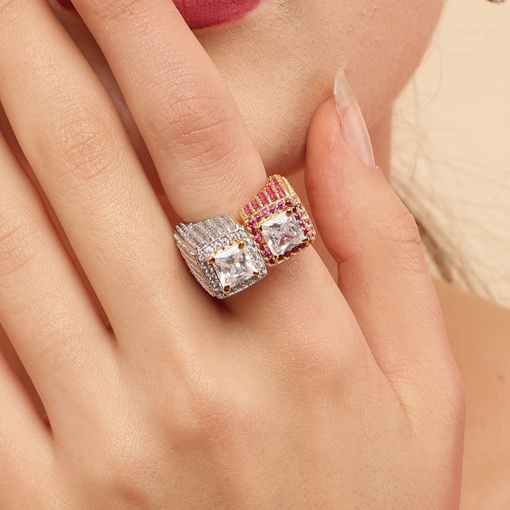 DATE NIGHT DOUBLE PRINCESS CUT SOLITARE RING WITH GOLD PLATING