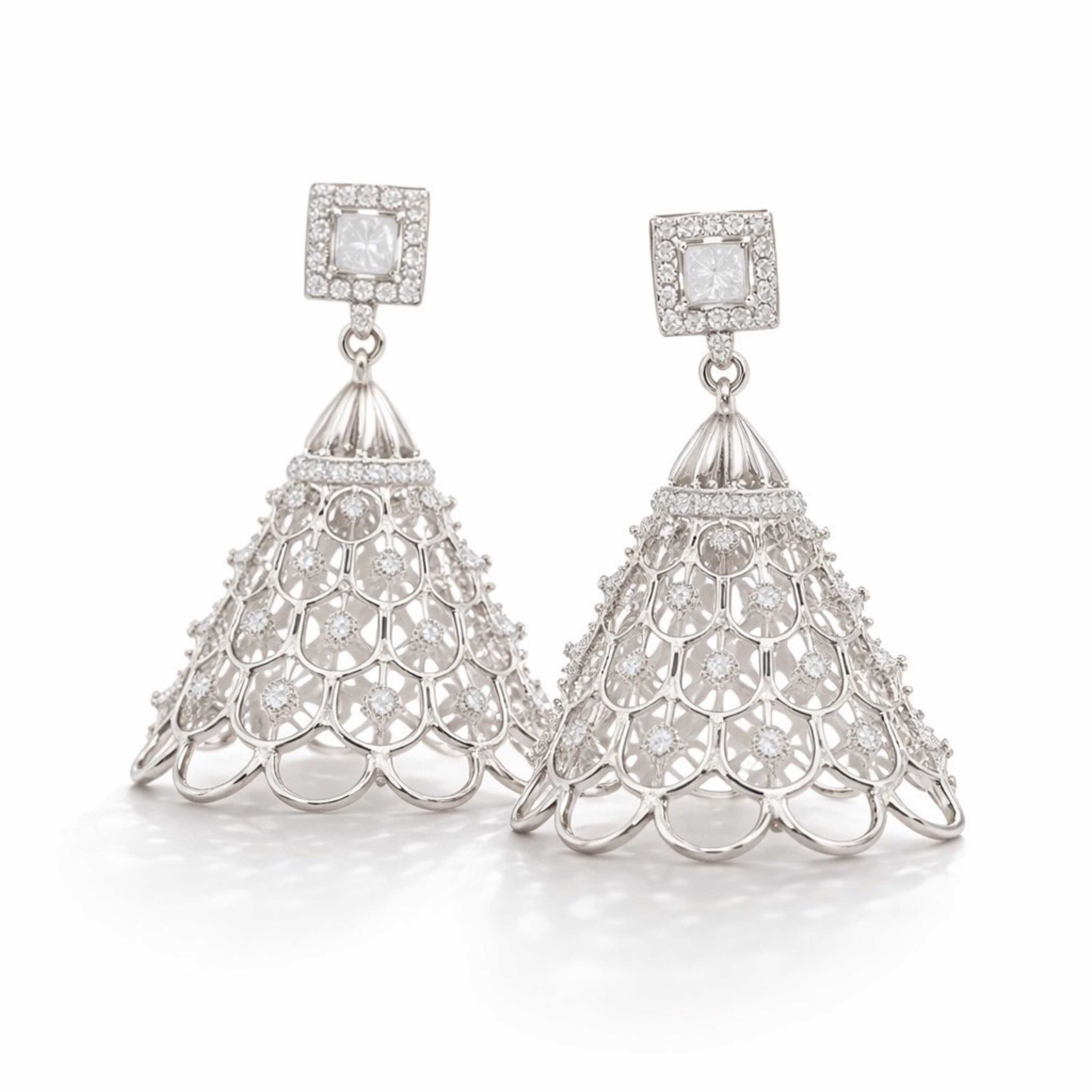     Noor Square drop earrings in 925 sterling silver with CZ diamonds white finish 