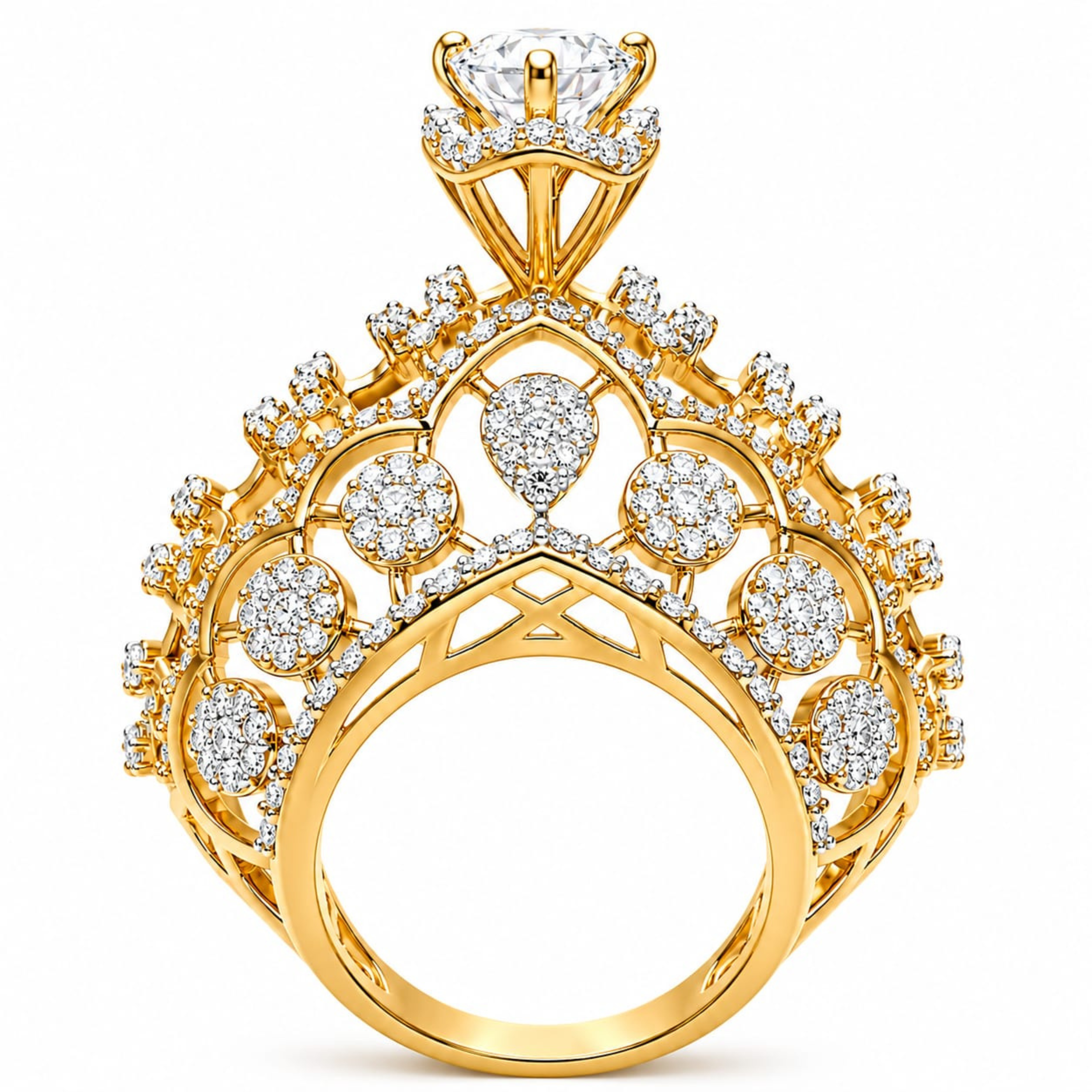 925 Sterling Silver Blingy Sophistication Crown Statement Ring in gold polish with sparkling white stones by Designed2Attract