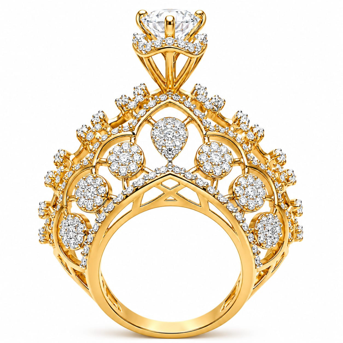 925 Sterling Silver Blingy Sophistication Crown Statement Ring in gold polish with sparkling white stones by Designed2Attract
