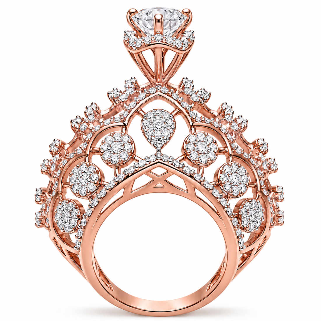 925 Sterling Silver Blingy Sophistication Crown Statement Ring in rose gold polish with brilliant white sparkling stones by Designed2Attract