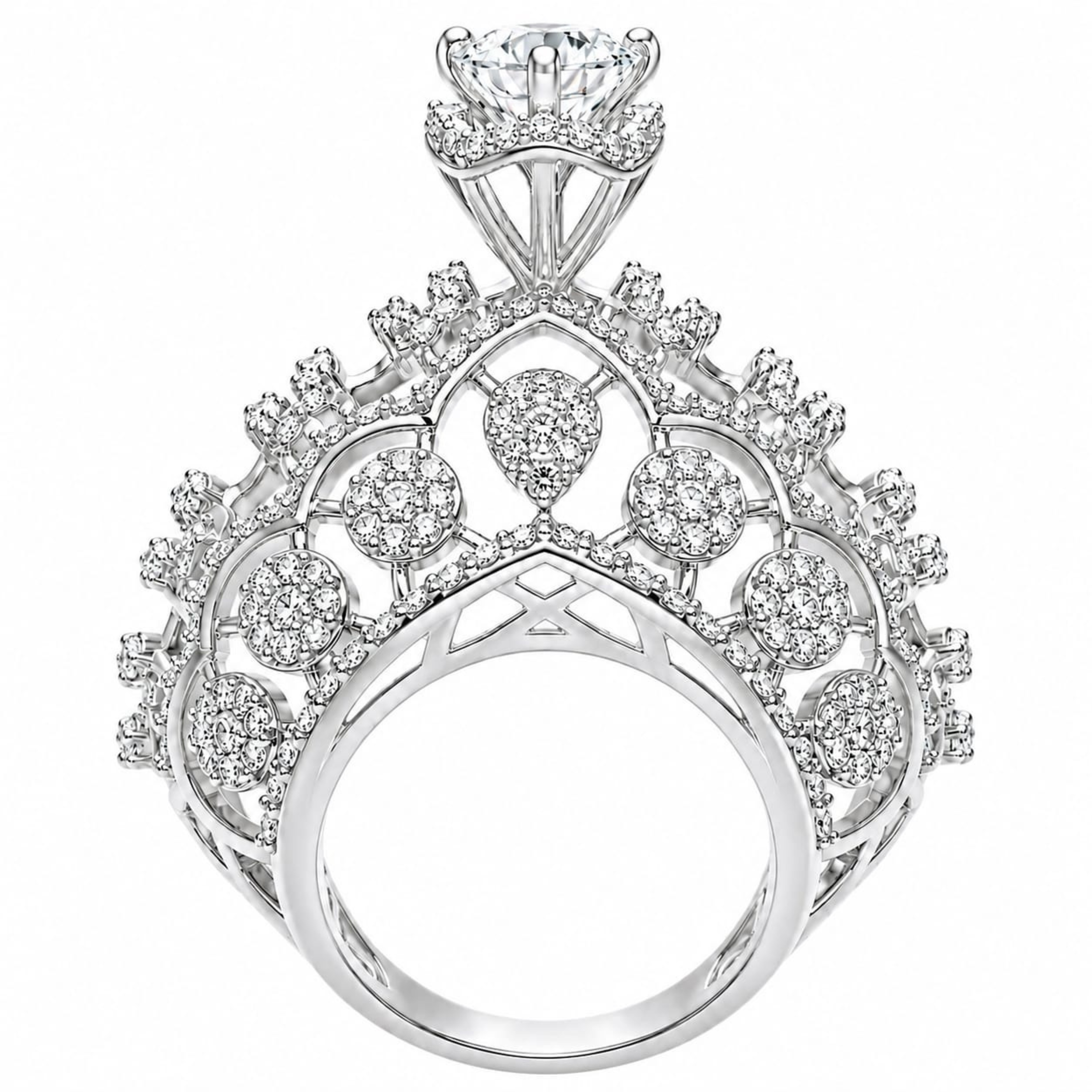 925 Sterling Silver Blingy Sophistication Crown Statement Ring in white polish with brilliant sparkling stones by Designed2Attract