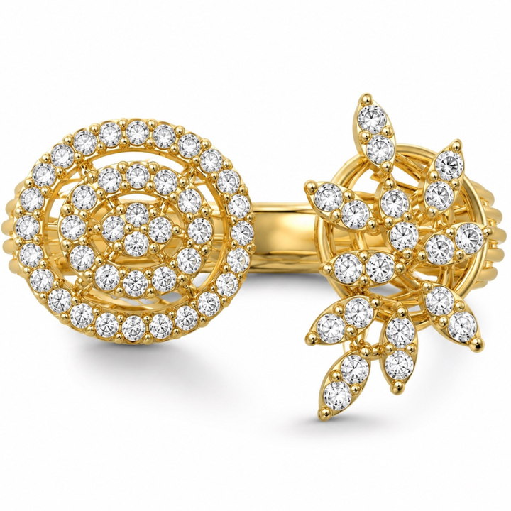 925 sterling silver Floral Orbit diamond ring in gold polish with circular and floral design front view