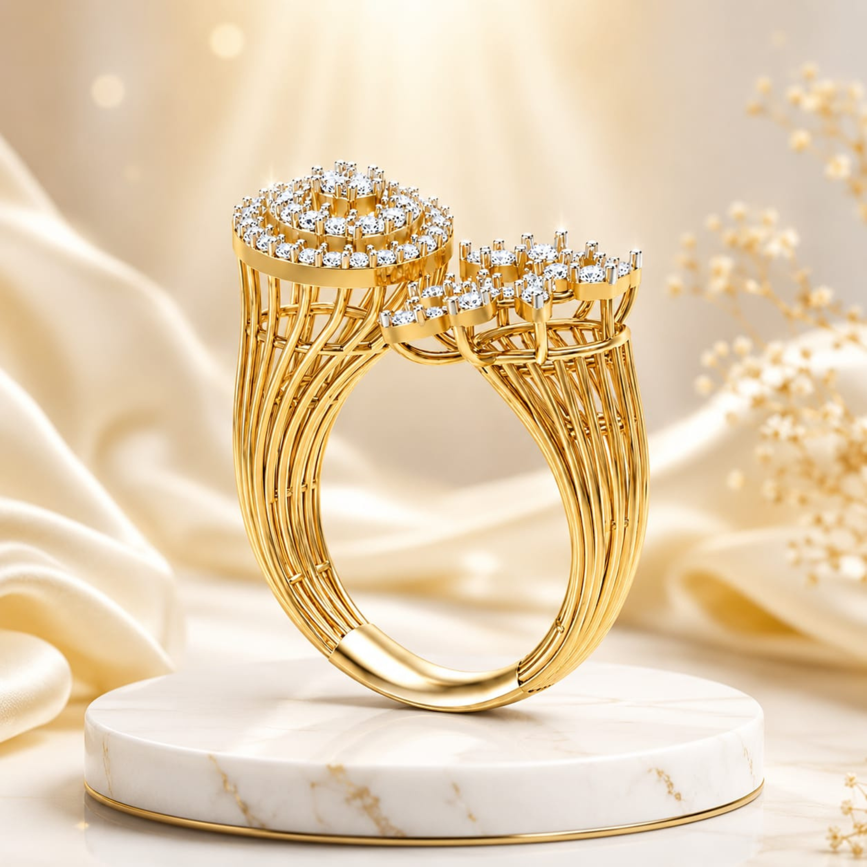 925 sterling silver Floral Orbit diamond ring in white polish with circular and floral design front view