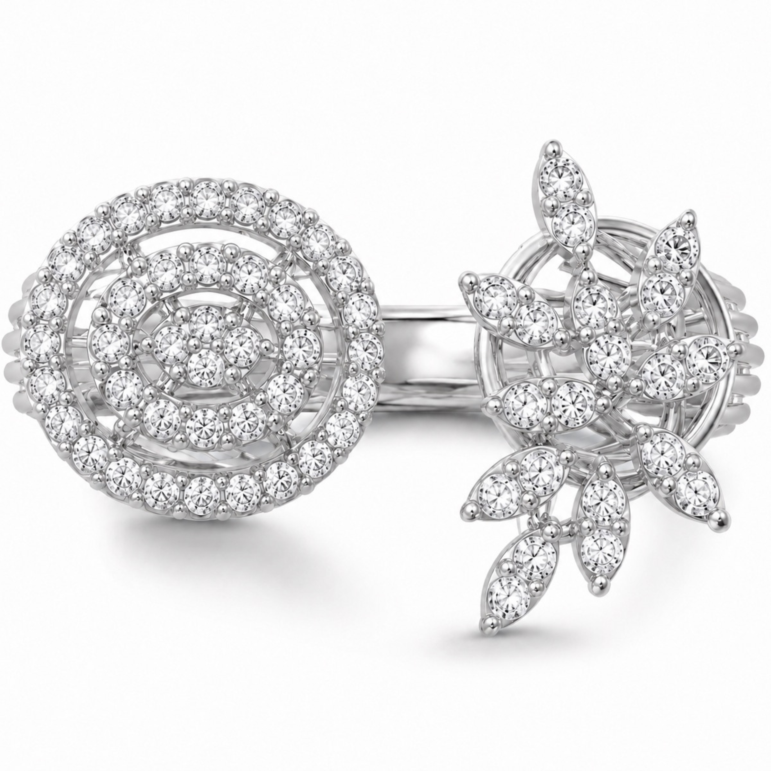 925 sterling silver Floral Orbit diamond ring in white polish with circular and floral design front view