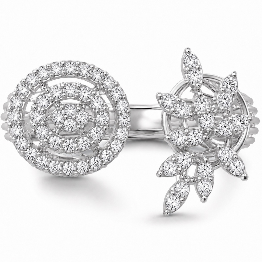 925 sterling silver Floral Orbit diamond ring in white polish with circular and floral design front view