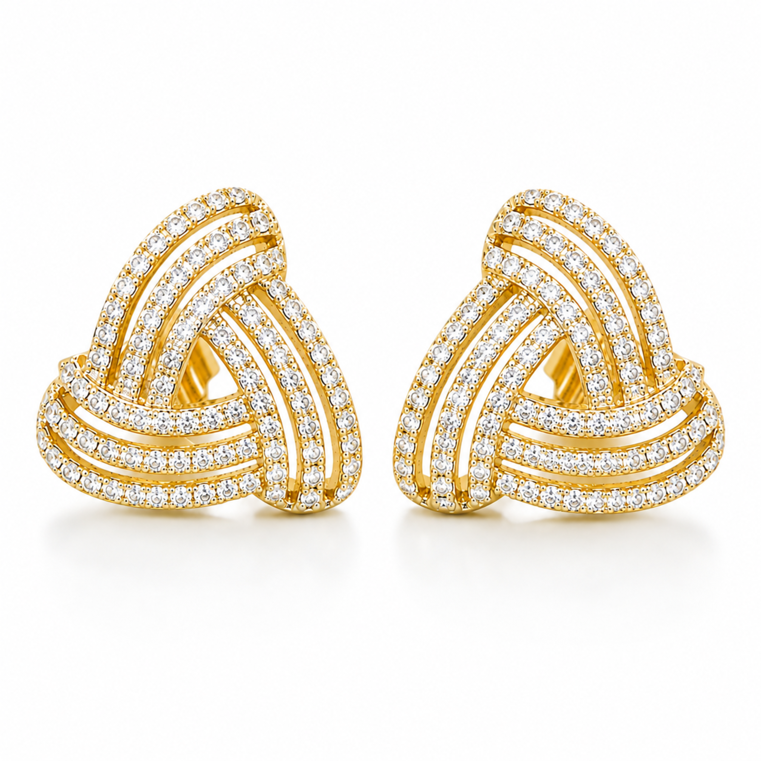 925 Sterling Silver gold polish knot stud earrings with sparkling CZ stones on white background