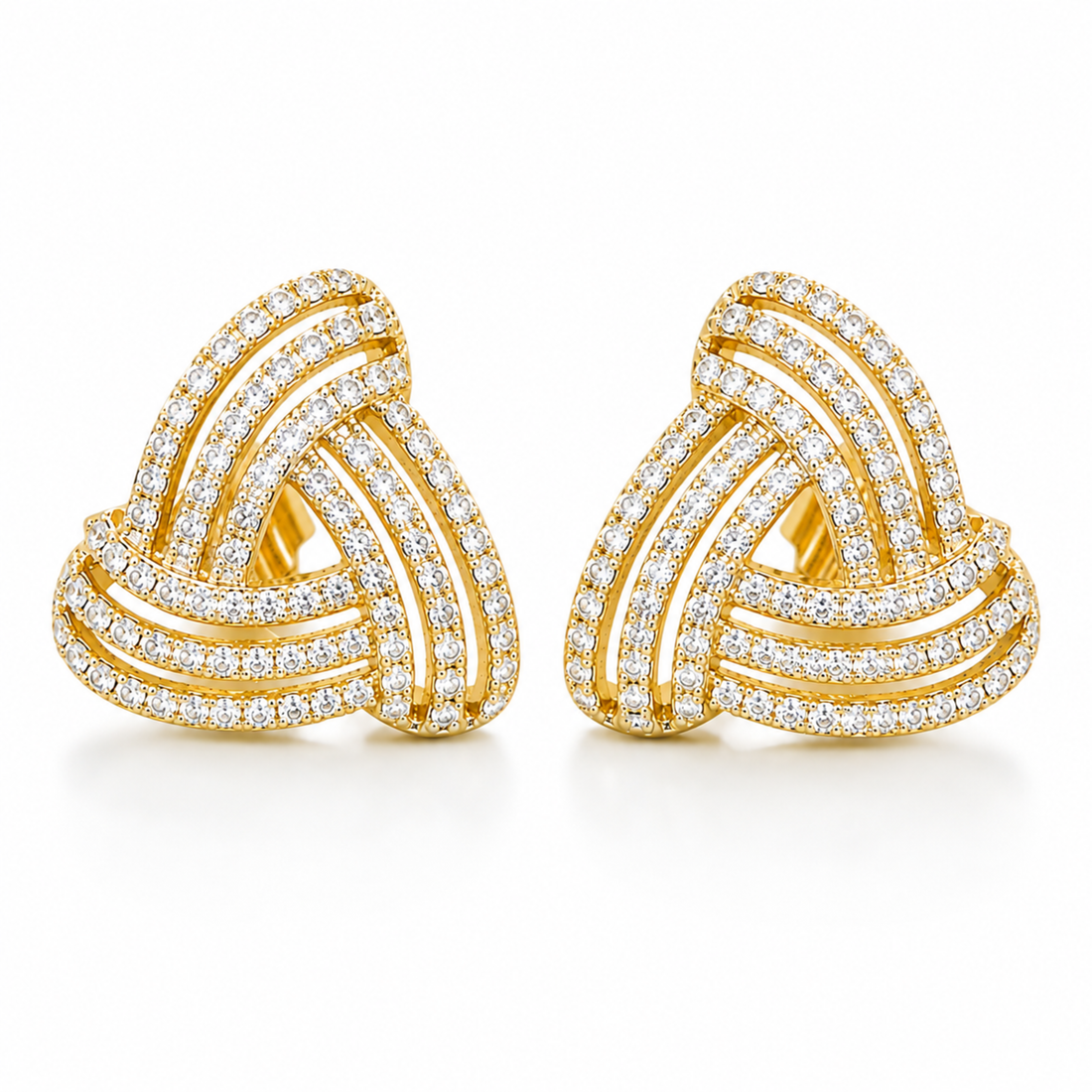 925 Sterling Silver gold polish knot stud earrings with sparkling CZ stones on white background