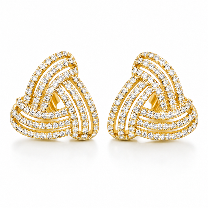 925 Sterling Silver gold polish knot stud earrings with sparkling CZ stones on white background