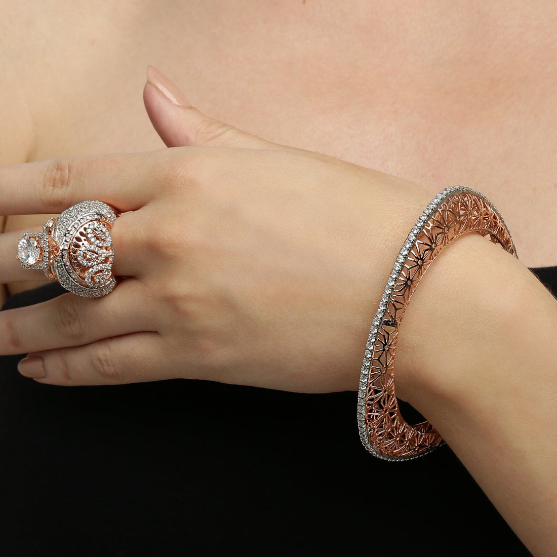 Elegant model wearing 925 Sterling Silver Handcrafted Single Line Triangle Bangle in luxury close-up pose