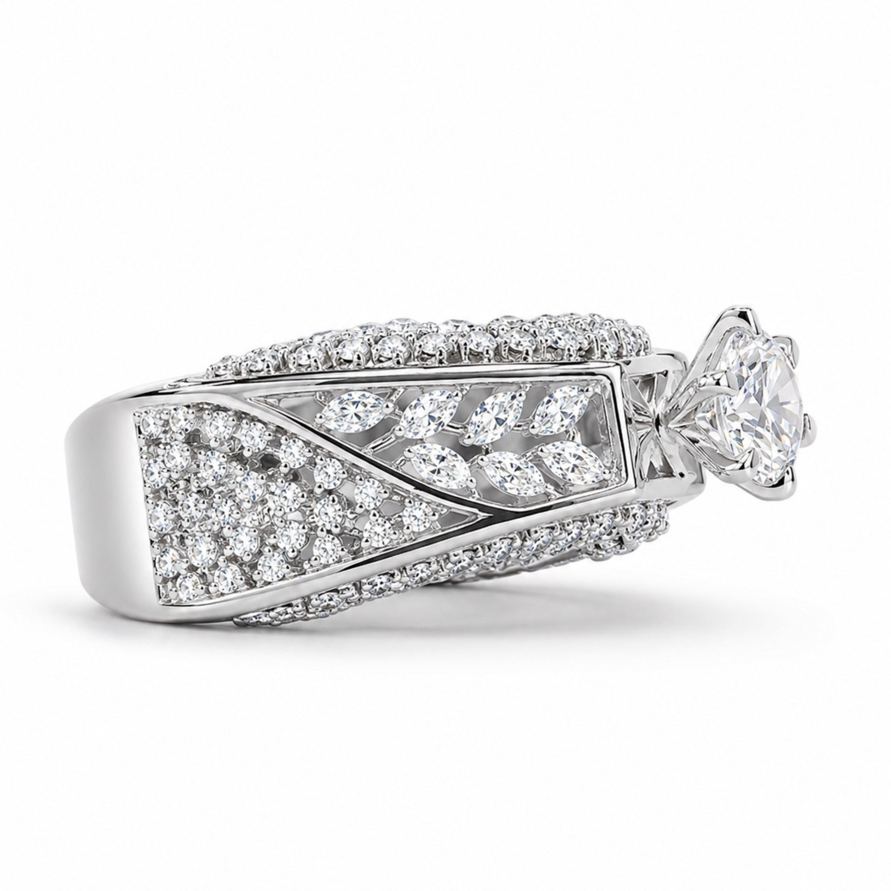 925 sterling silver luxury diamond ring in white polish with pavé diamonds and pear-shaped center stone side view