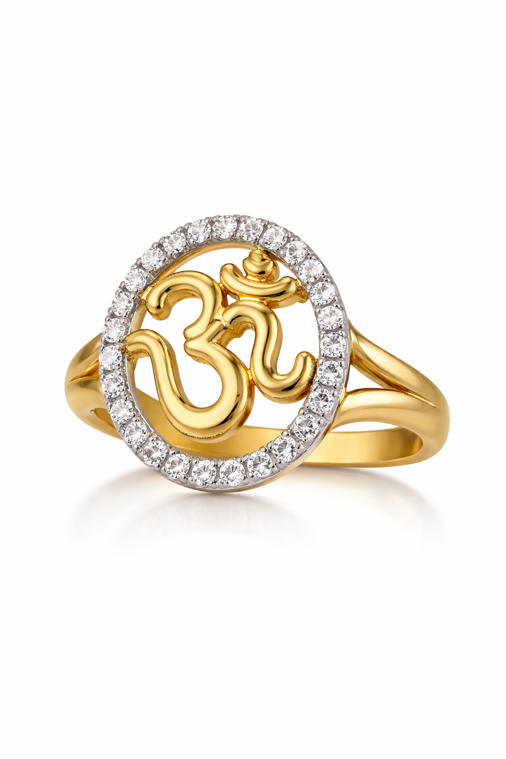 925 Sterling Silver Om halo ring with CZ diamond circle in yellow gold polish on a white background.