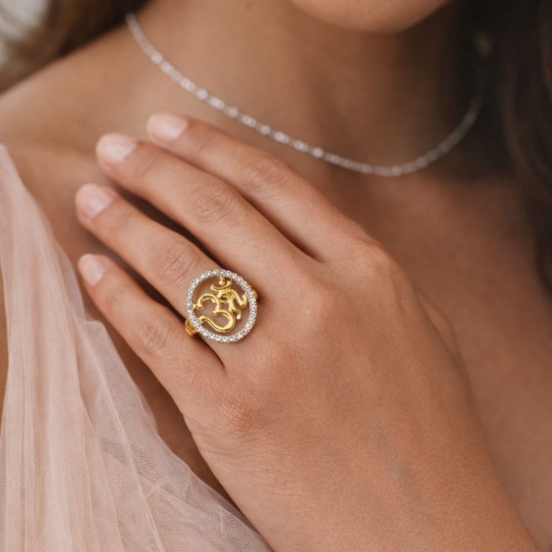 Elegant woman wearing a 925 Sterling Silver Om halo ring with sparkling CZ diamonds, symbolizing spirituality and timeless style.