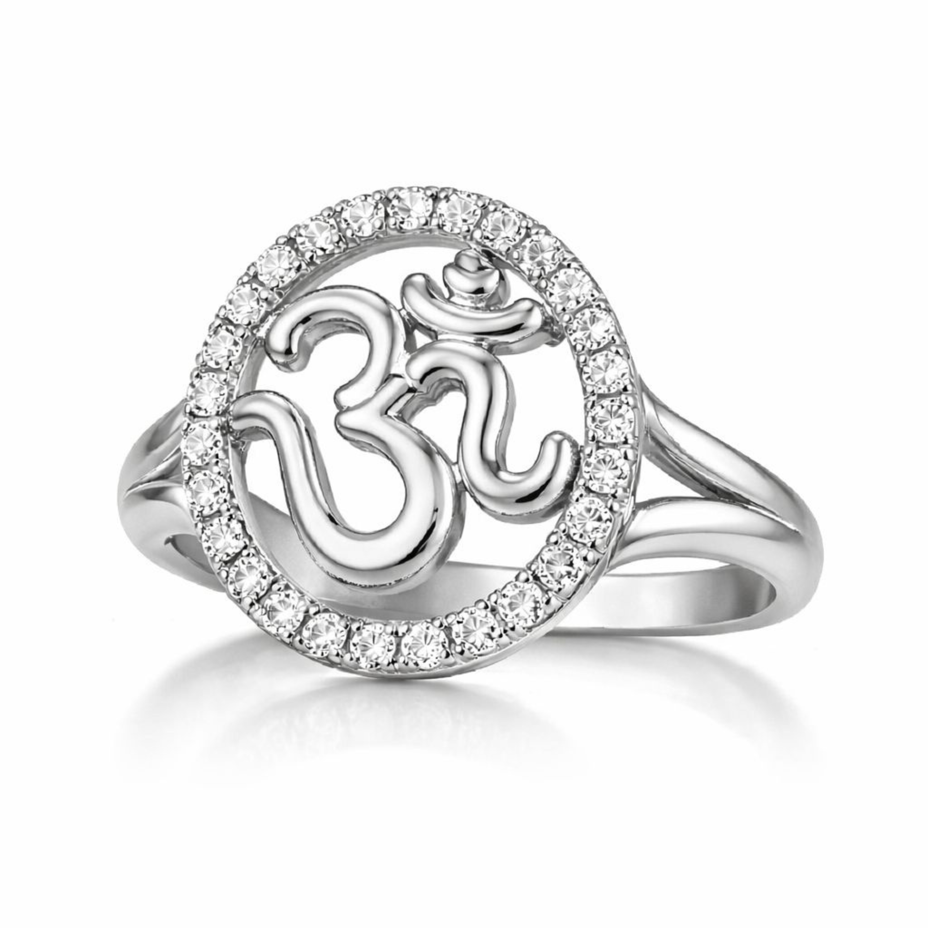 925 Sterling Silver Om halo ring with CZ diamond circle in white rhodium polish on a white background.