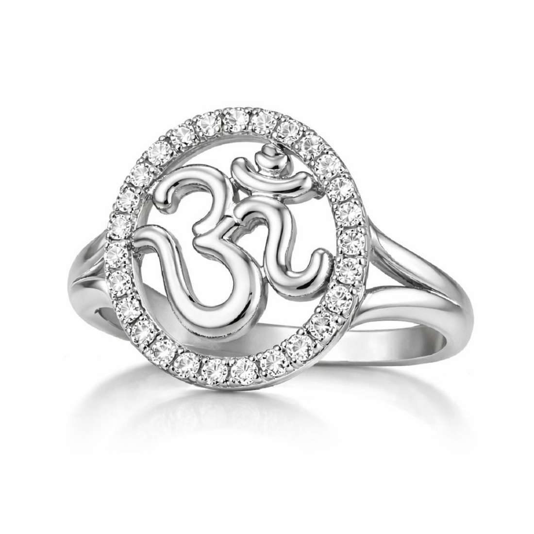 925 Sterling Silver Om halo ring with CZ diamond circle in white rhodium polish on a white background.