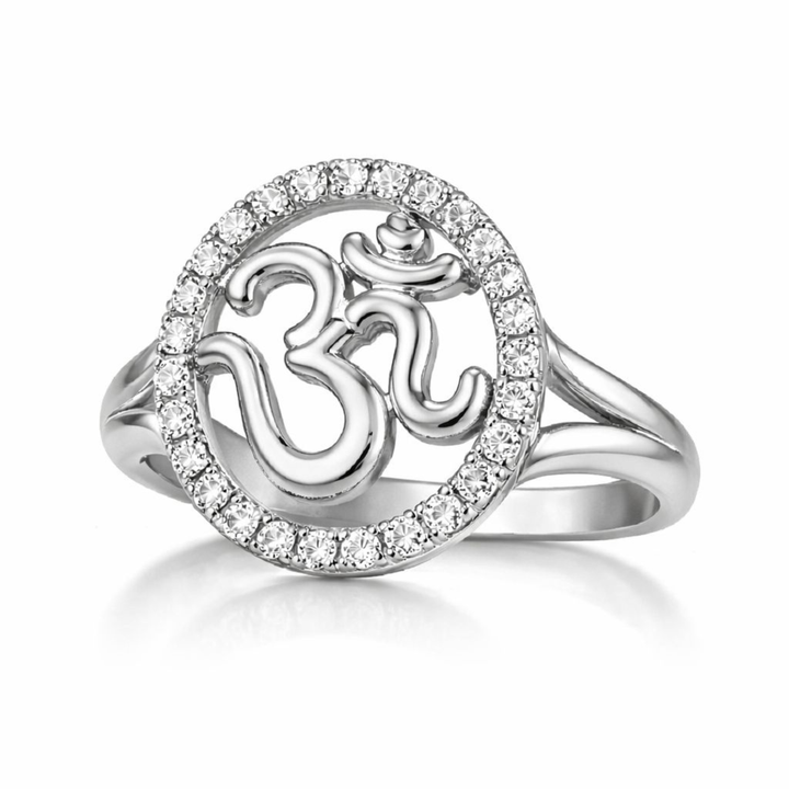 925 Sterling Silver Om halo ring with CZ diamond circle in white rhodium polish on a white background.