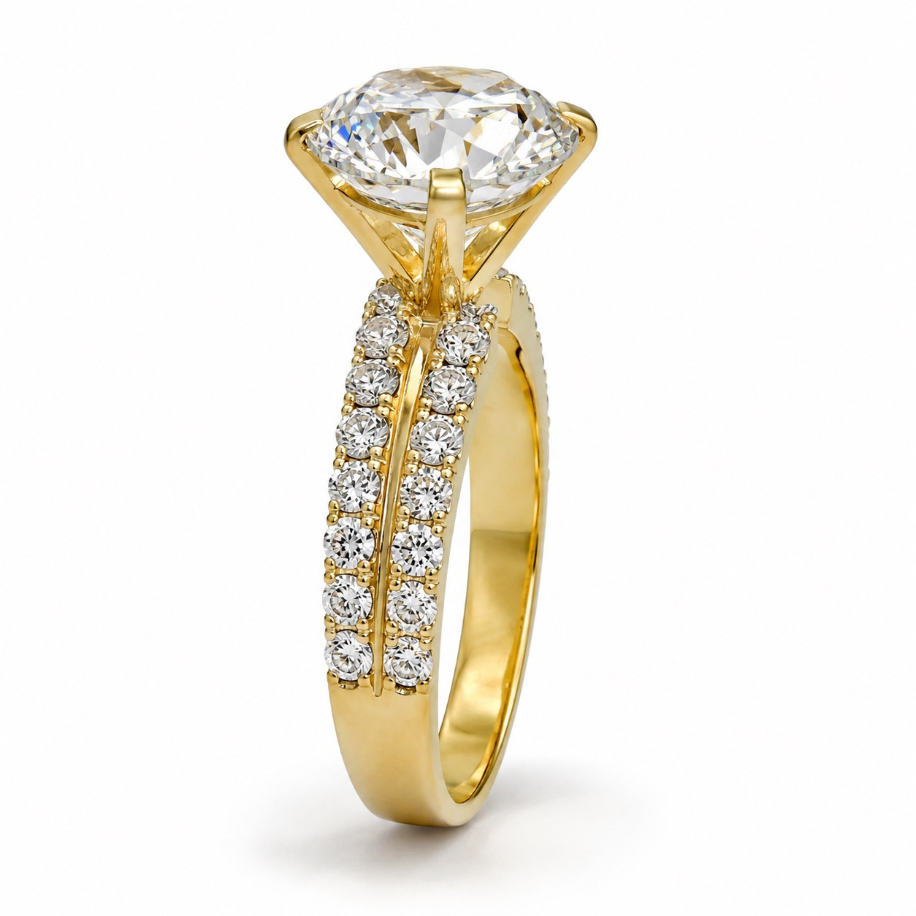 925 Sterling Silver round solitaire split shank ring with pavé CZ diamonds in yellow gold polish on a white background.