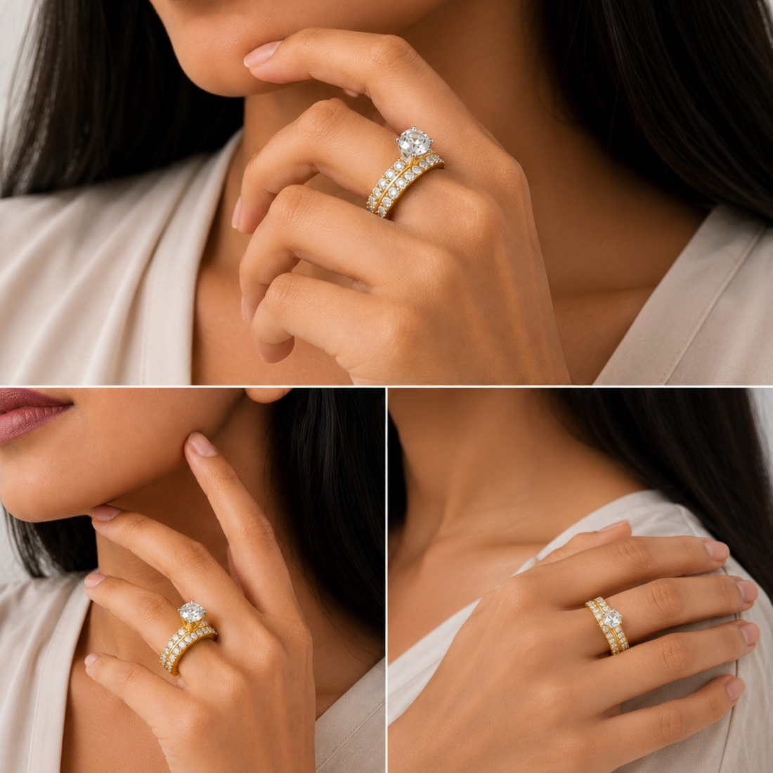 A three-panel close-up collage showing a woman wearing a yellow gold engagement ring with a round-cut center stone and a matching pavé band, along with a second yellow gold band featuring a small round stone. The jewelry is displayed on the model's hand against a soft neutral background.