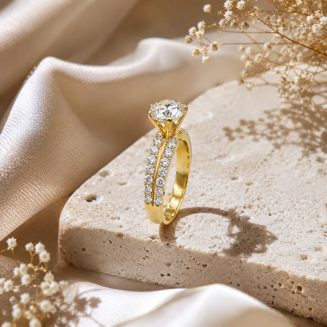 Luxury creative showcase of a 925 Sterling Silver round solitaire split shank ring with brilliant CZ diamonds in a premium setting.