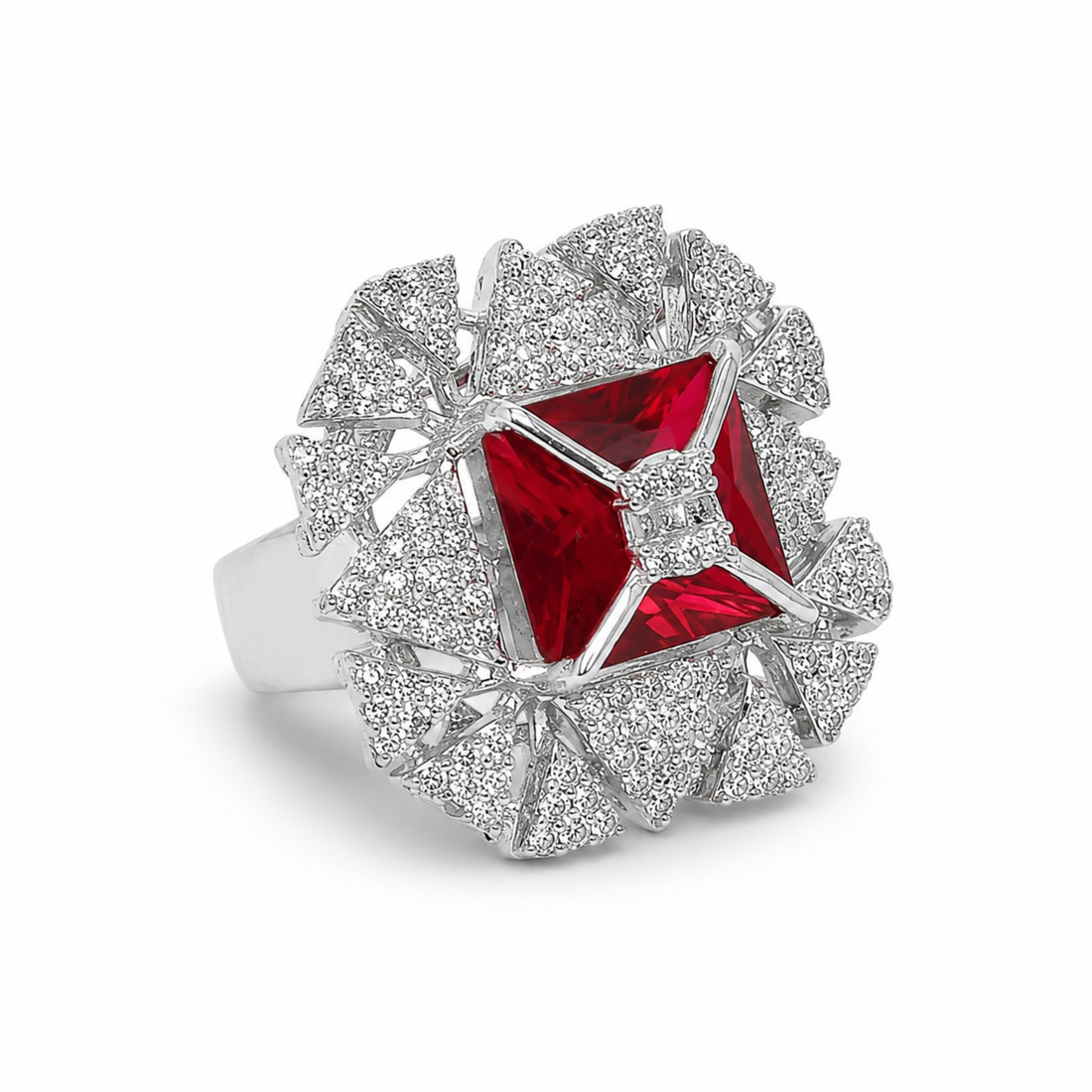 925 sterling silver ruby statement ring with sparkling diamond detailing angle view