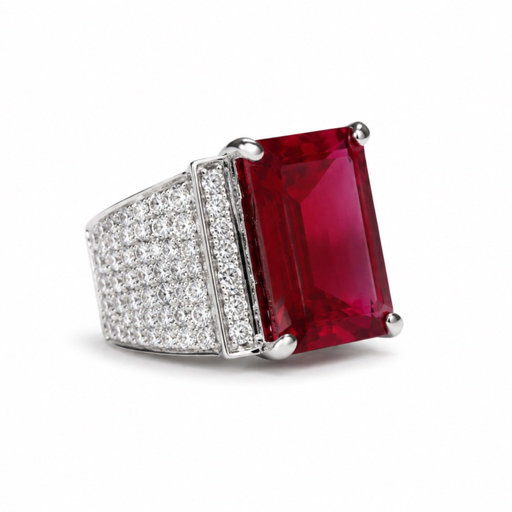 925 sterling silver ruby statement ring side view with red emerald-cut stone and pavé diamond detailing