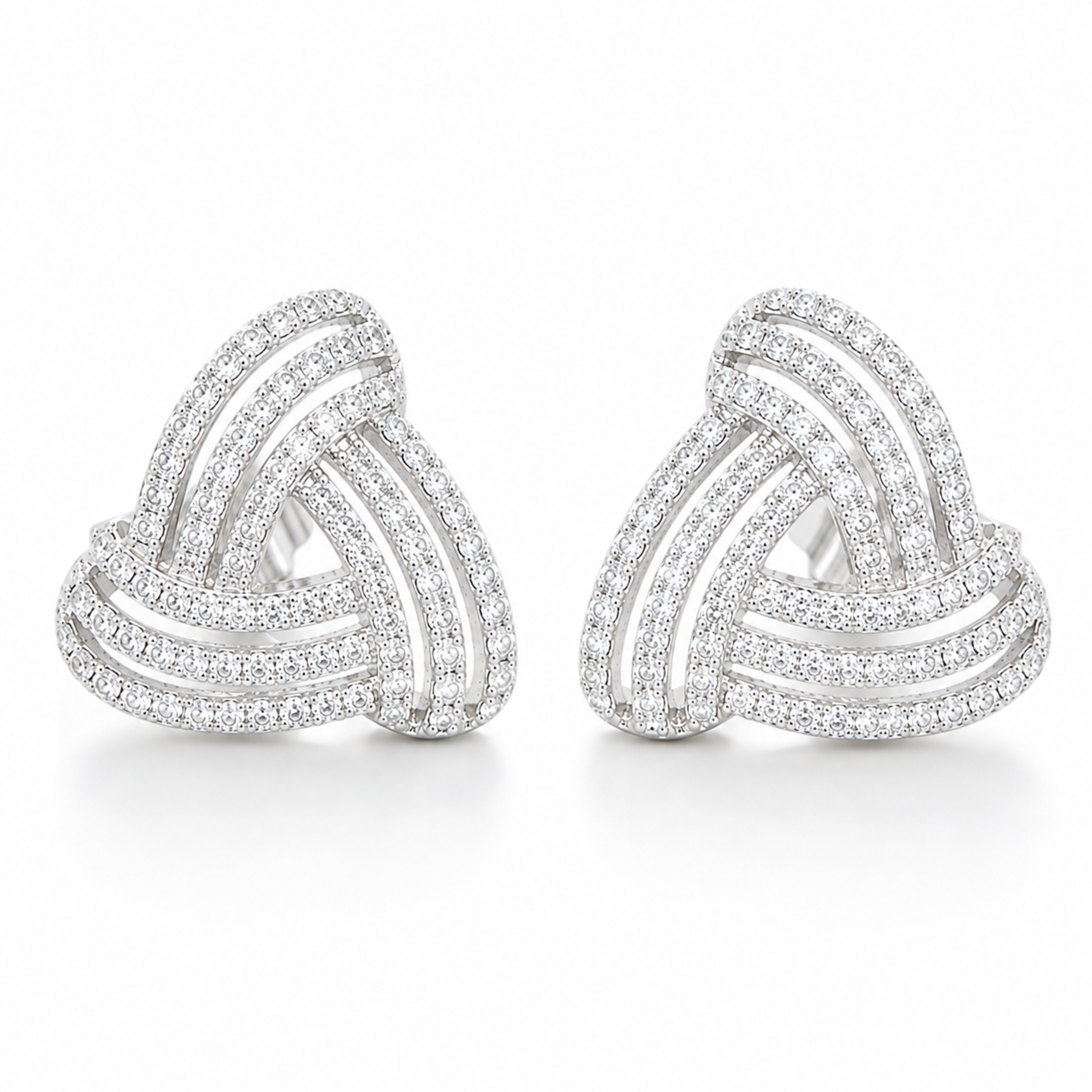 925 Sterling Silver white polish knot stud earrings with sparkling CZ stones on white background