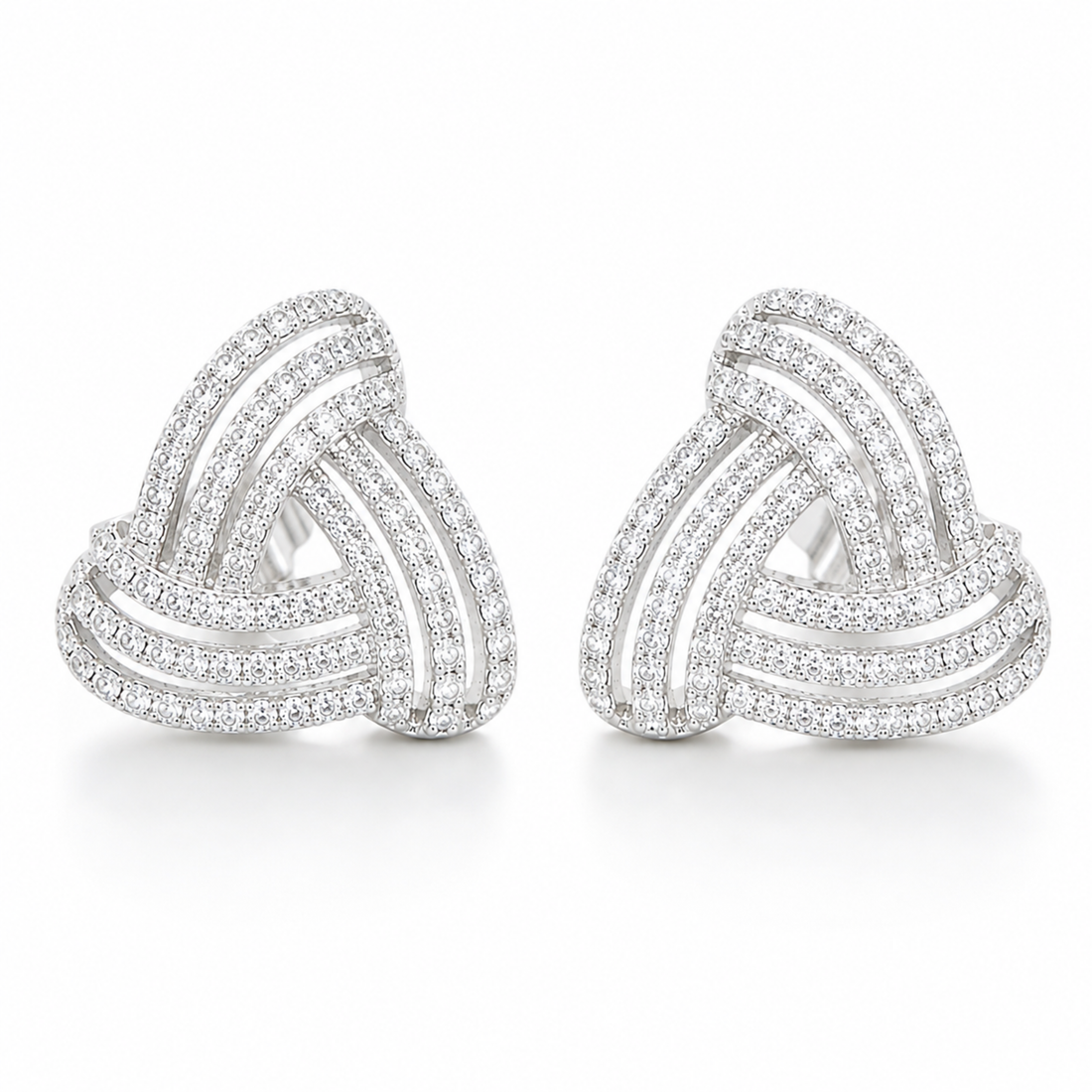 925 Sterling Silver white polish knot stud earrings with sparkling CZ stones on white background