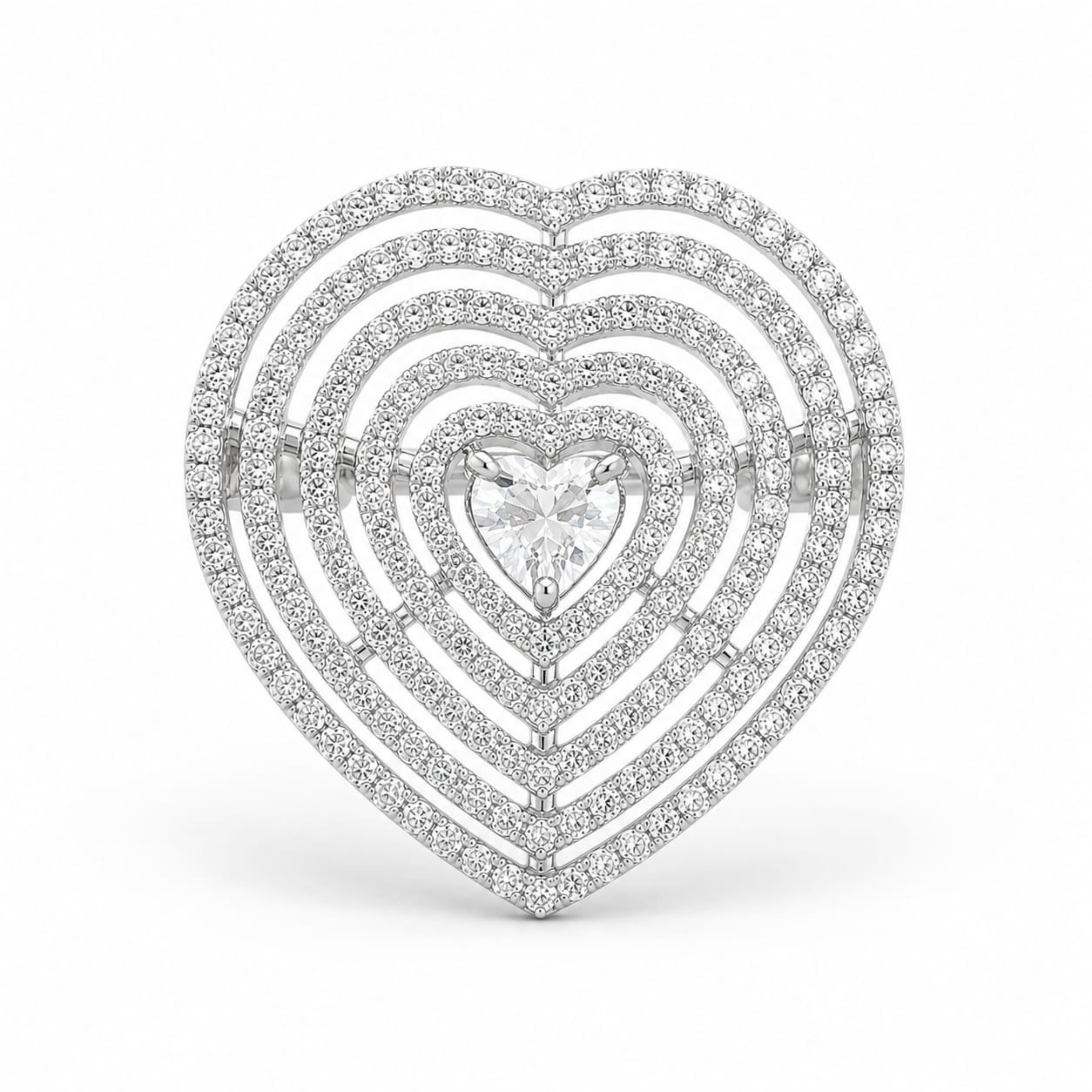 Angled view of big heart sterling silver ring with sparkling stones and premium finish