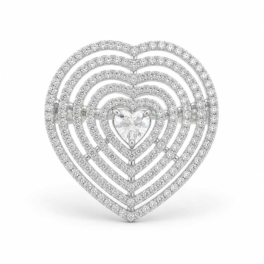 Angled view of big heart sterling silver ring with sparkling stones and premium finish