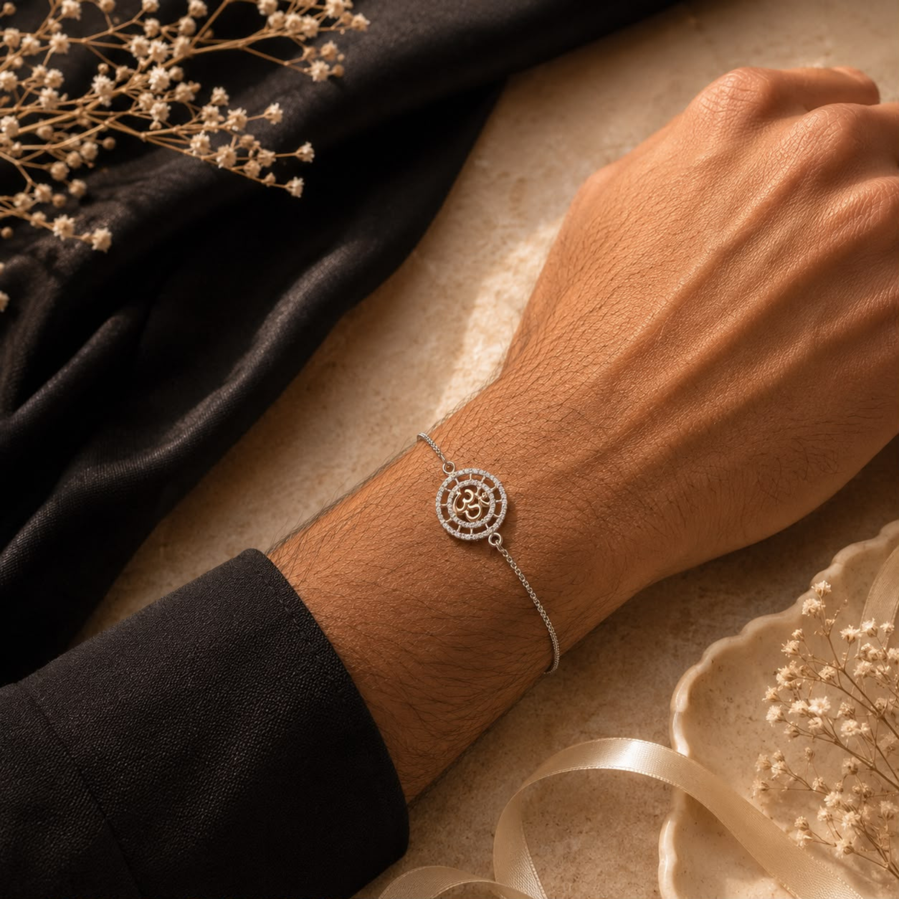 Luxury 925 sterling silver Divine OM diamond rakhi bracelet aesthetic product shot with premium styling