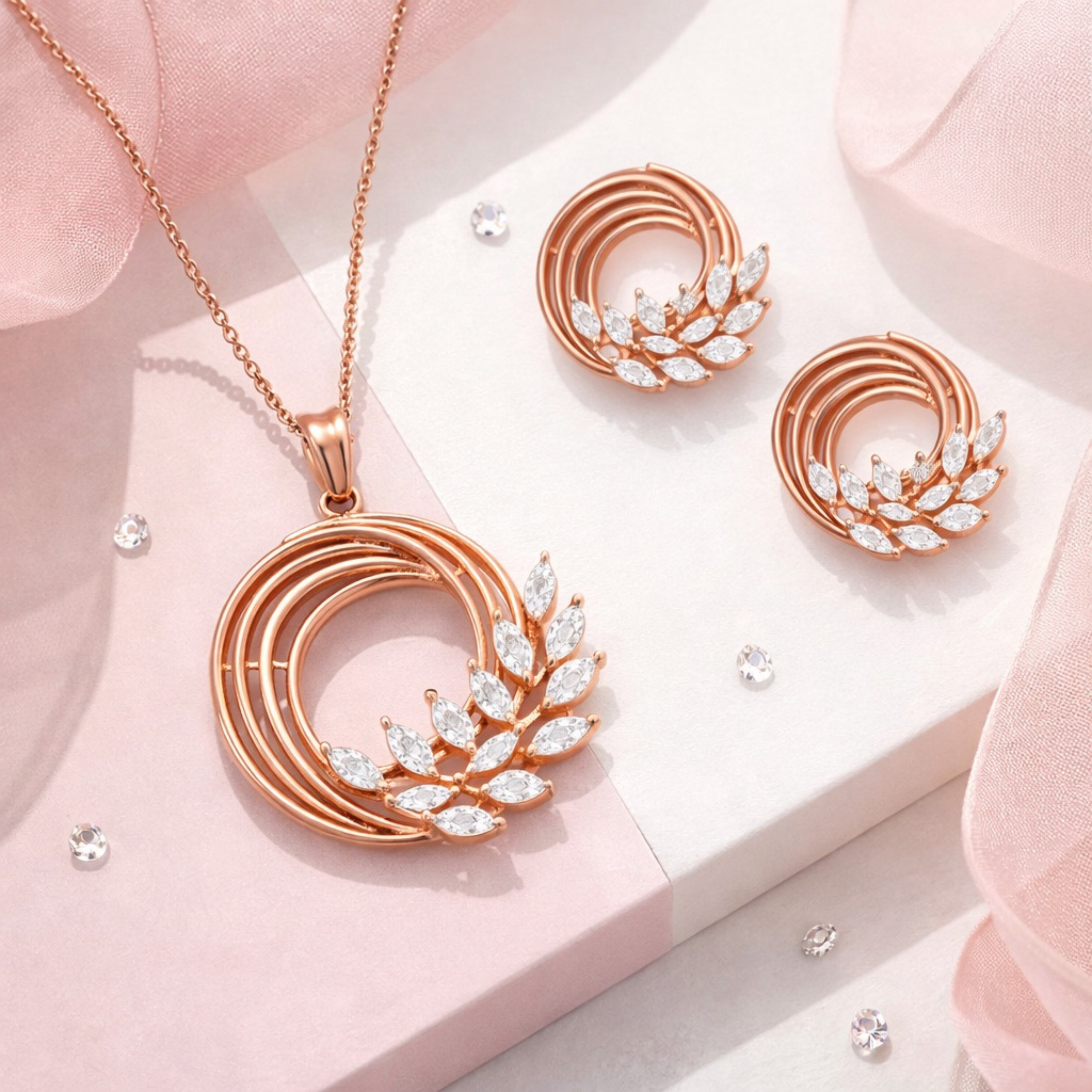     Celeste Leaf Halo Luxe pendant set in 925 sterling silver with CZ diamonds rose gold finish in close-up