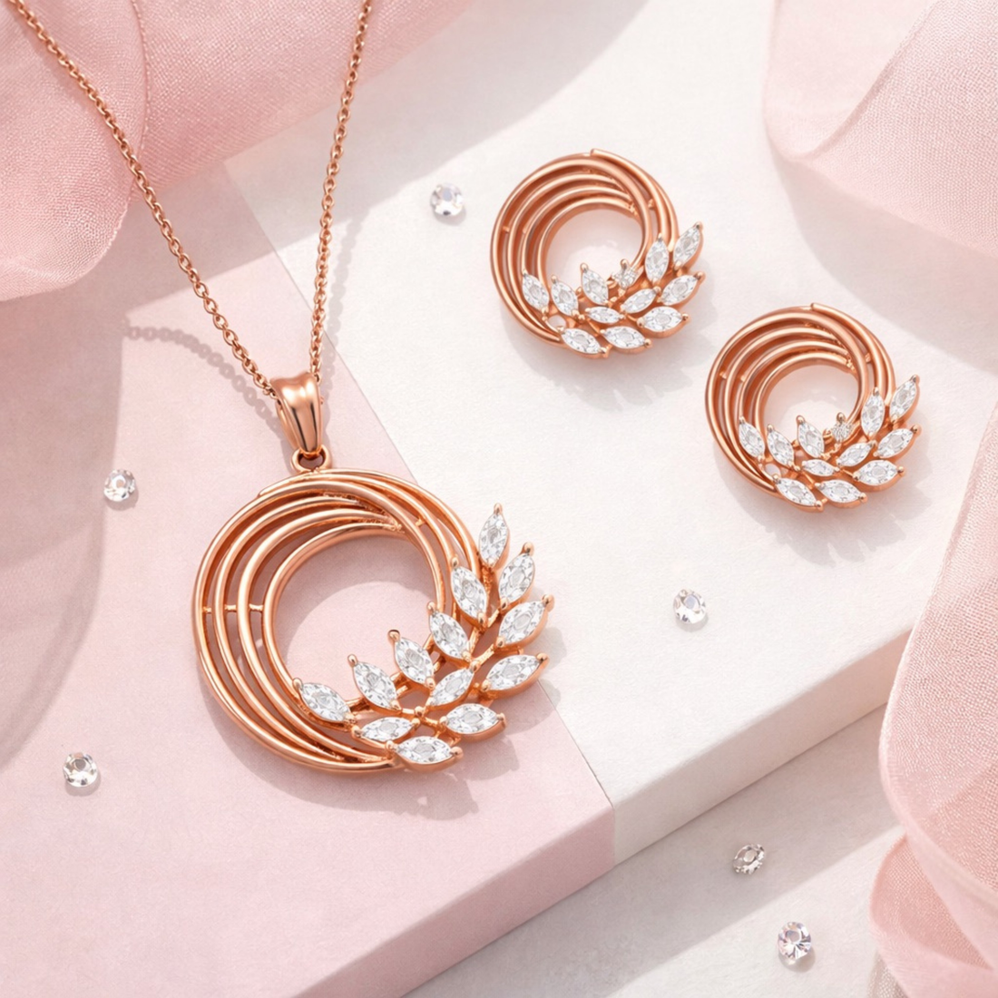     Celeste Leaf Halo Luxe pendant set in 925 sterling silver with CZ diamonds rose gold finish in close-up