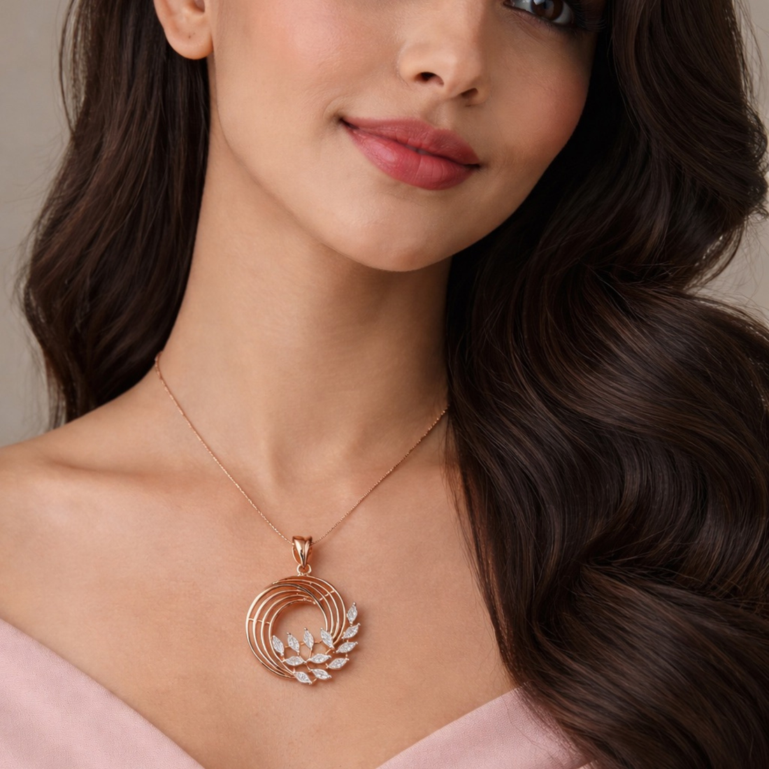     Celeste Leaf Halo Luxe pendant set in 925 sterling silver with CZ diamonds rose gold finish