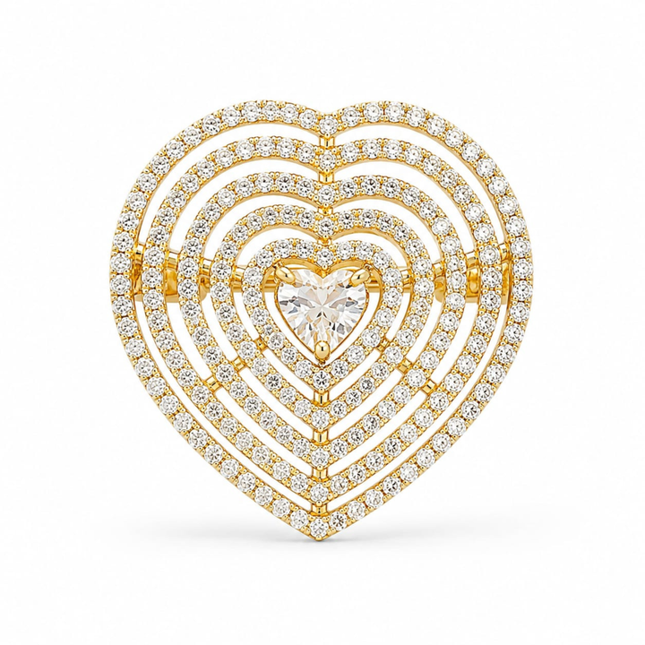 Big heart 925 silver ring in golden polish with shiny diamond look finish