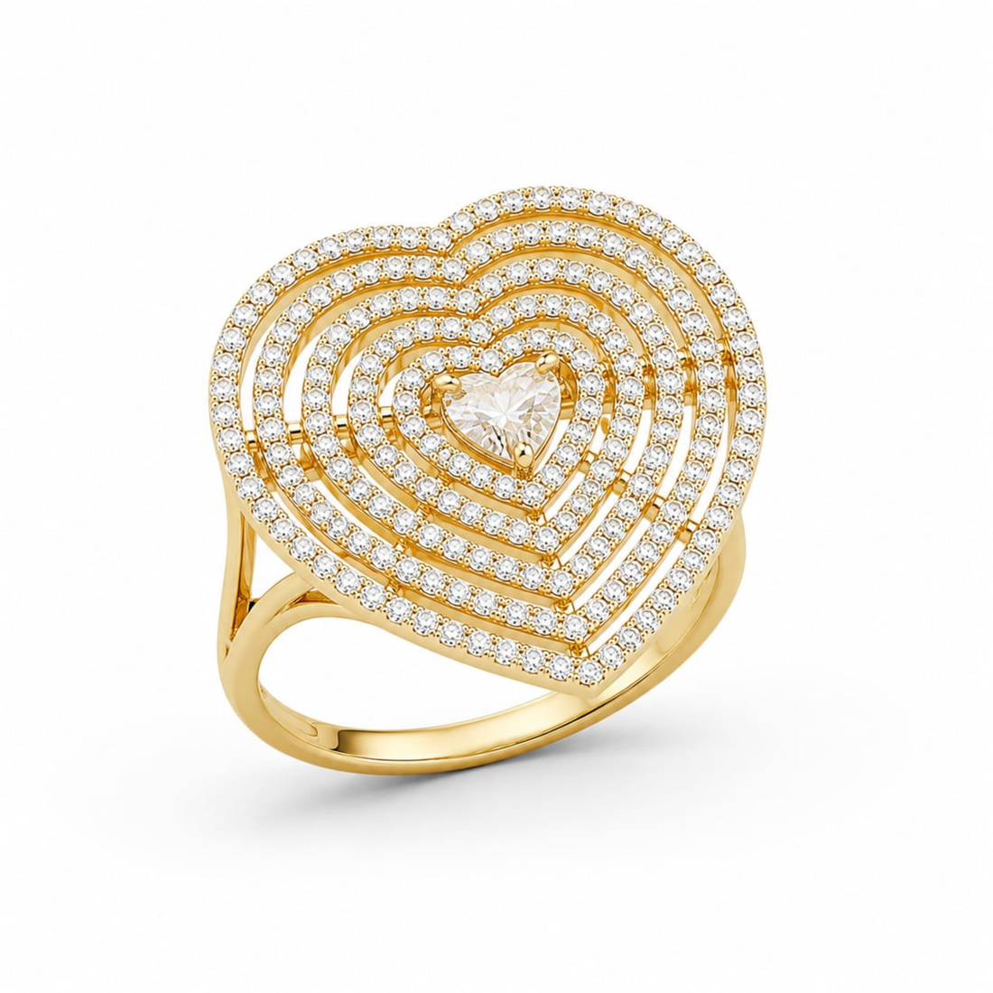 Gold-plated heart-shaped statement ring featuring layered concentric heart design studded with sparkling zircon stones and a heart-cut center crystal for a luxurious diamond-like look in white background 
