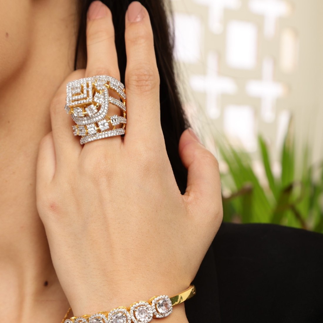     Zenvora Luxe gold finish ring with CZ stones top view