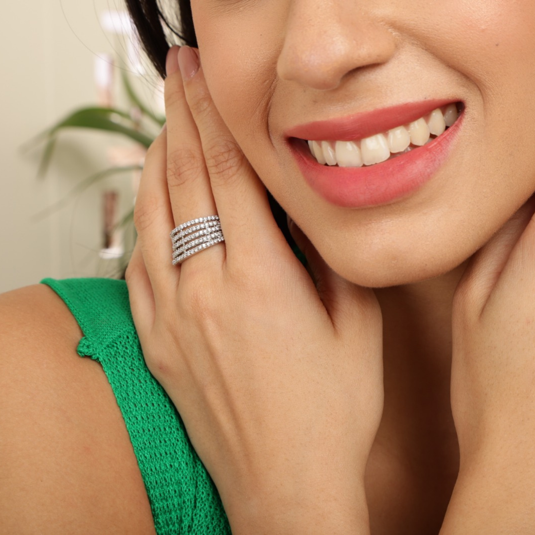   Model wear  Aurora multi-row ring in 925 sterling silver with CZ diamonds white finish