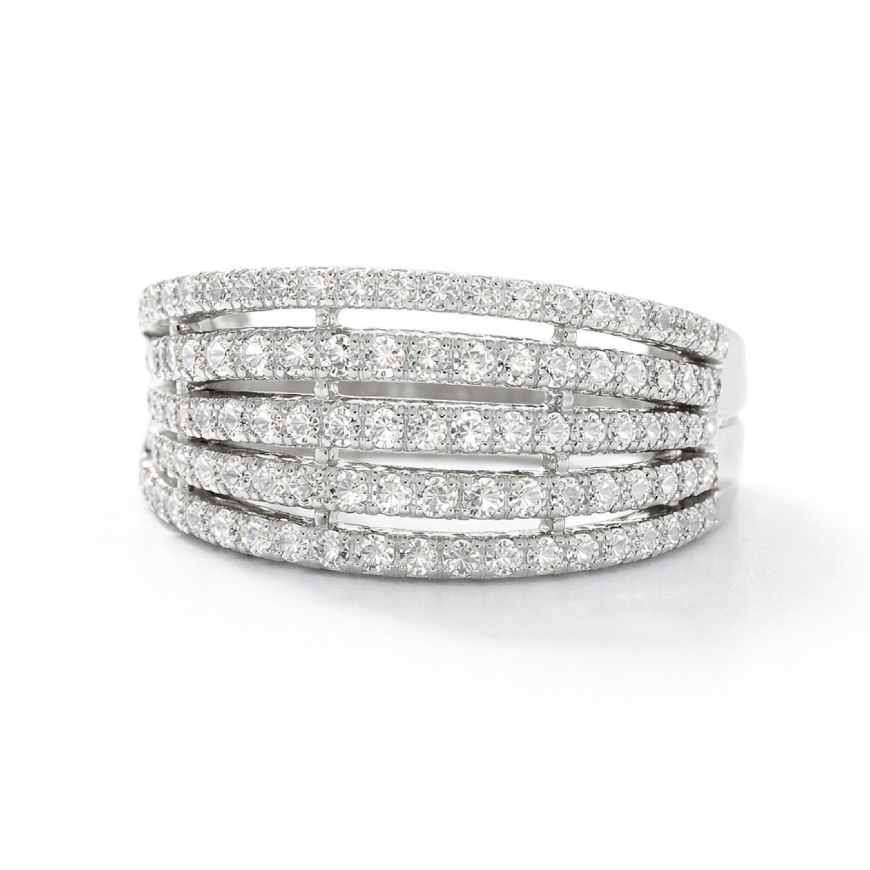 Silver multi-layered ring with embedded diamonds on a white background