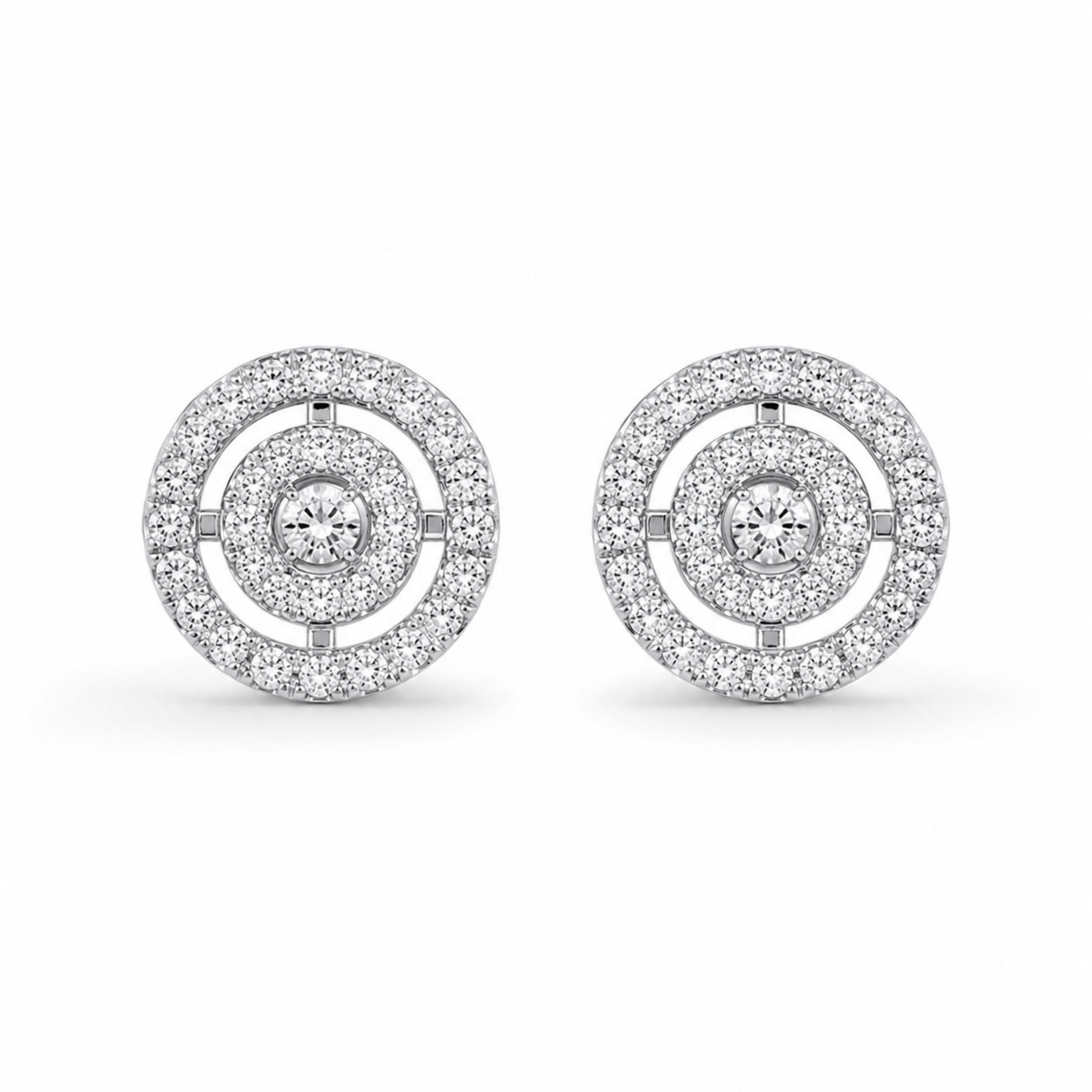 White polish round diamond stud earrings with sparkling stones on white background, realistic silver earrings product photo for jewellery website