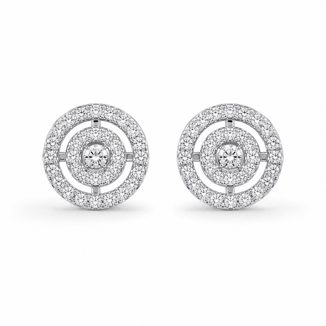 White polish round diamond stud earrings with sparkling stones on white background, realistic silver earrings product photo for jewellery website