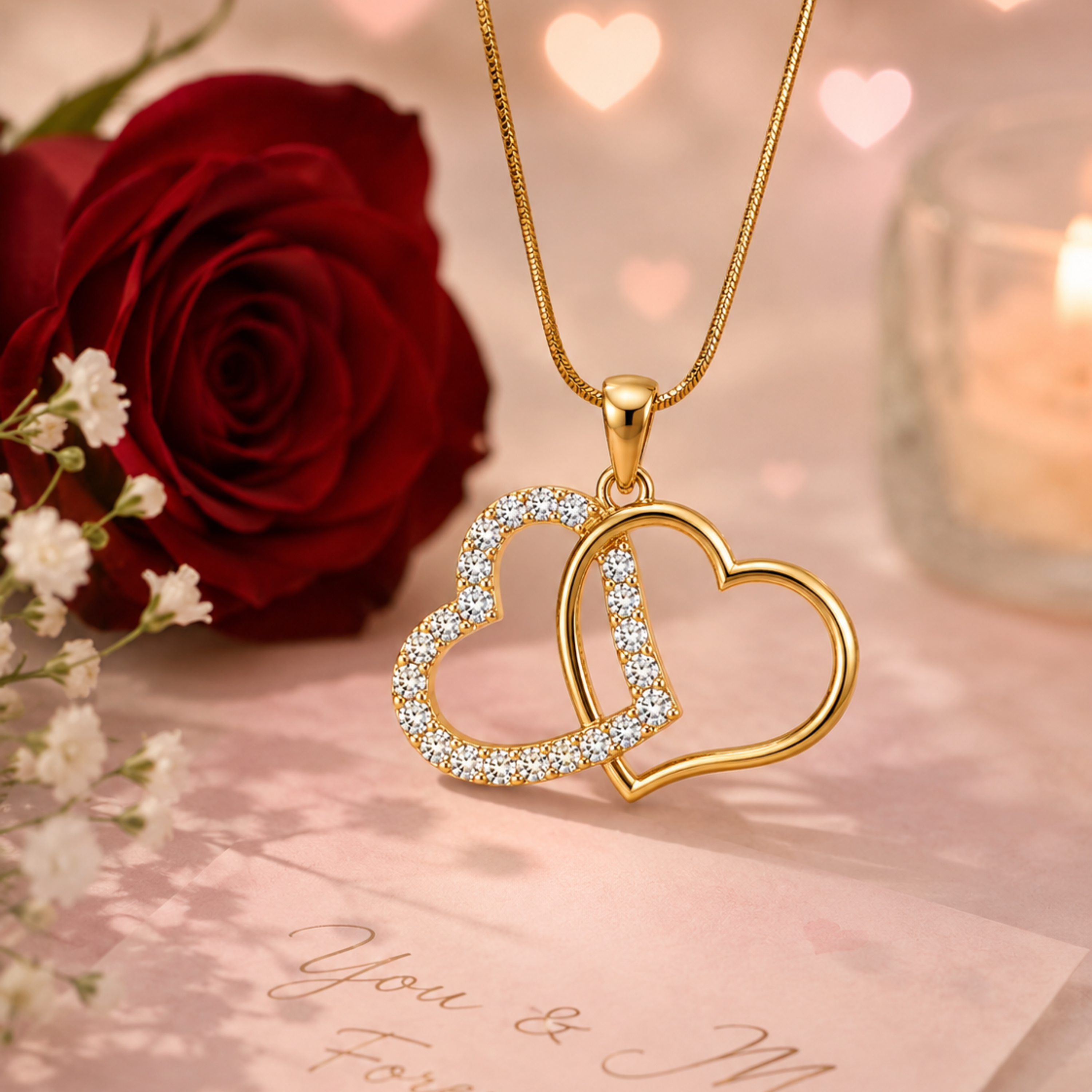 Luxury romantic creative shot of amorielle Heart pendant necklace with sparkling white stones