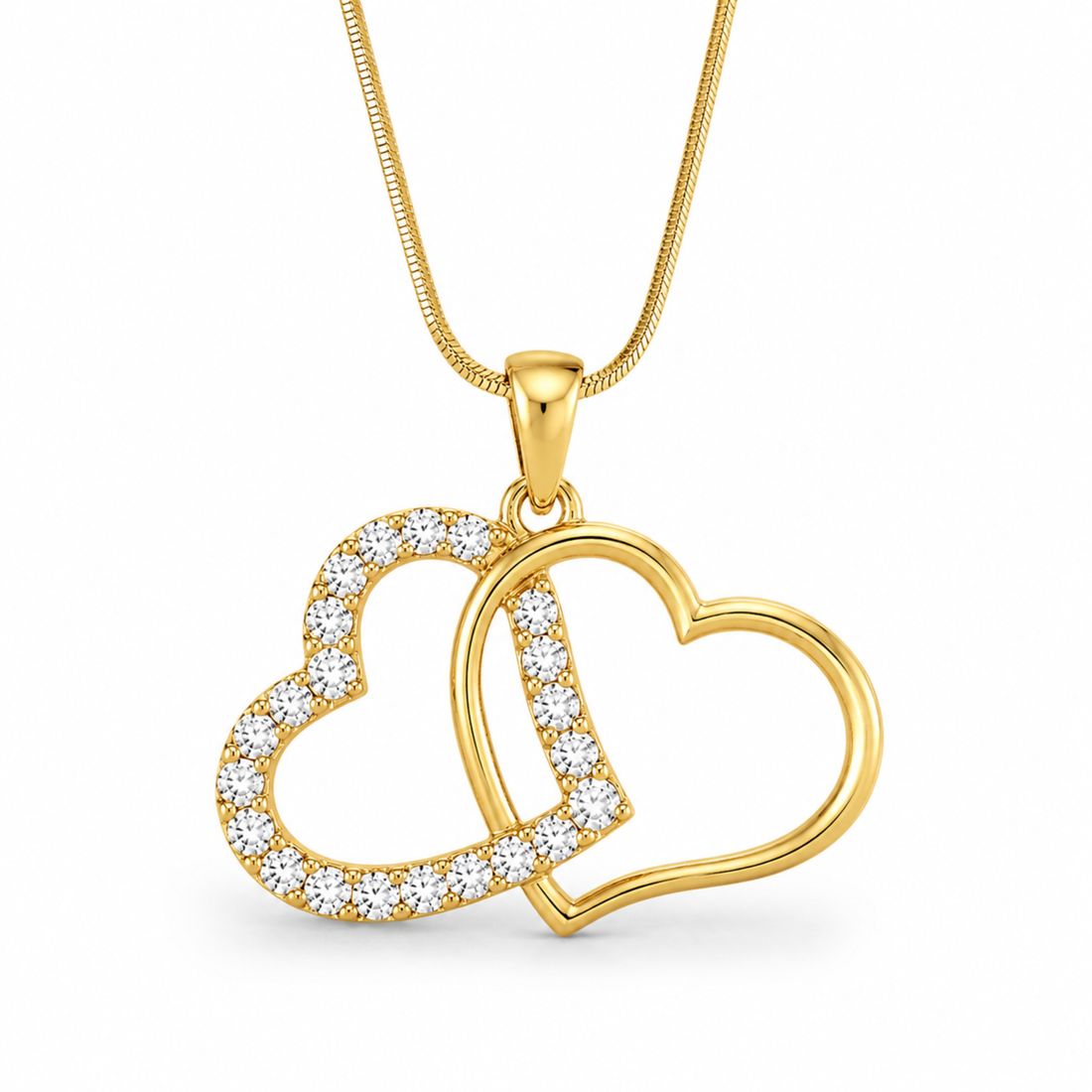 Amorielle twin heart pendant necklace in gold polish with diamond white stones