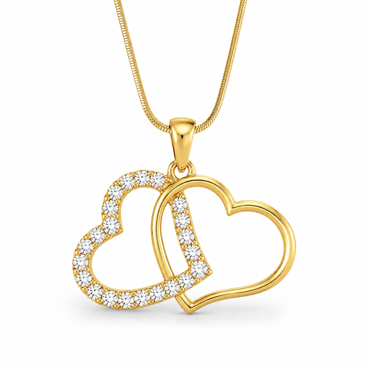 Amorielle twin heart pendant necklace in gold polish with diamond white stones
