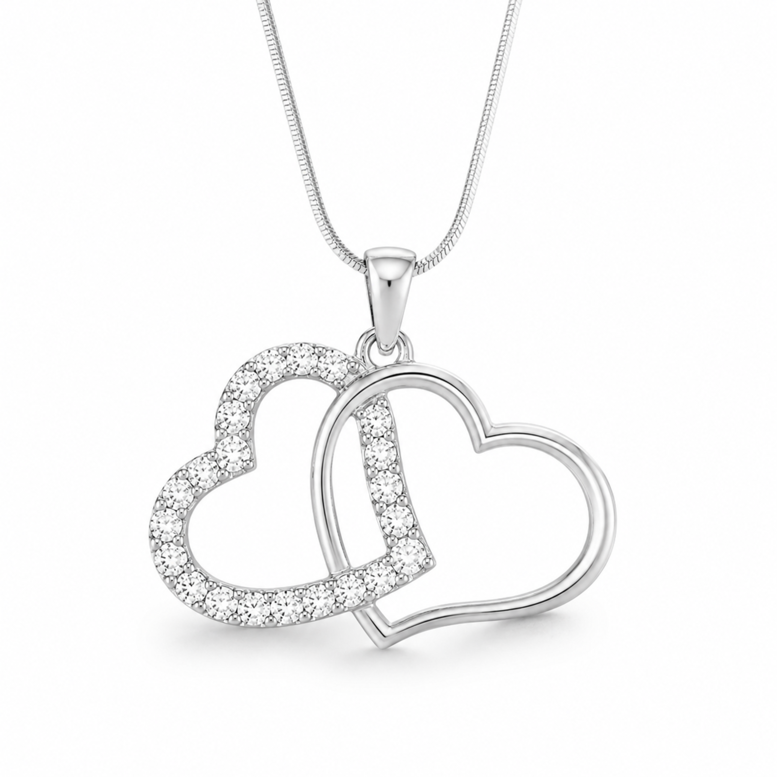 Amorielle twin heart pendant necklace in white polish with sparkling white stones