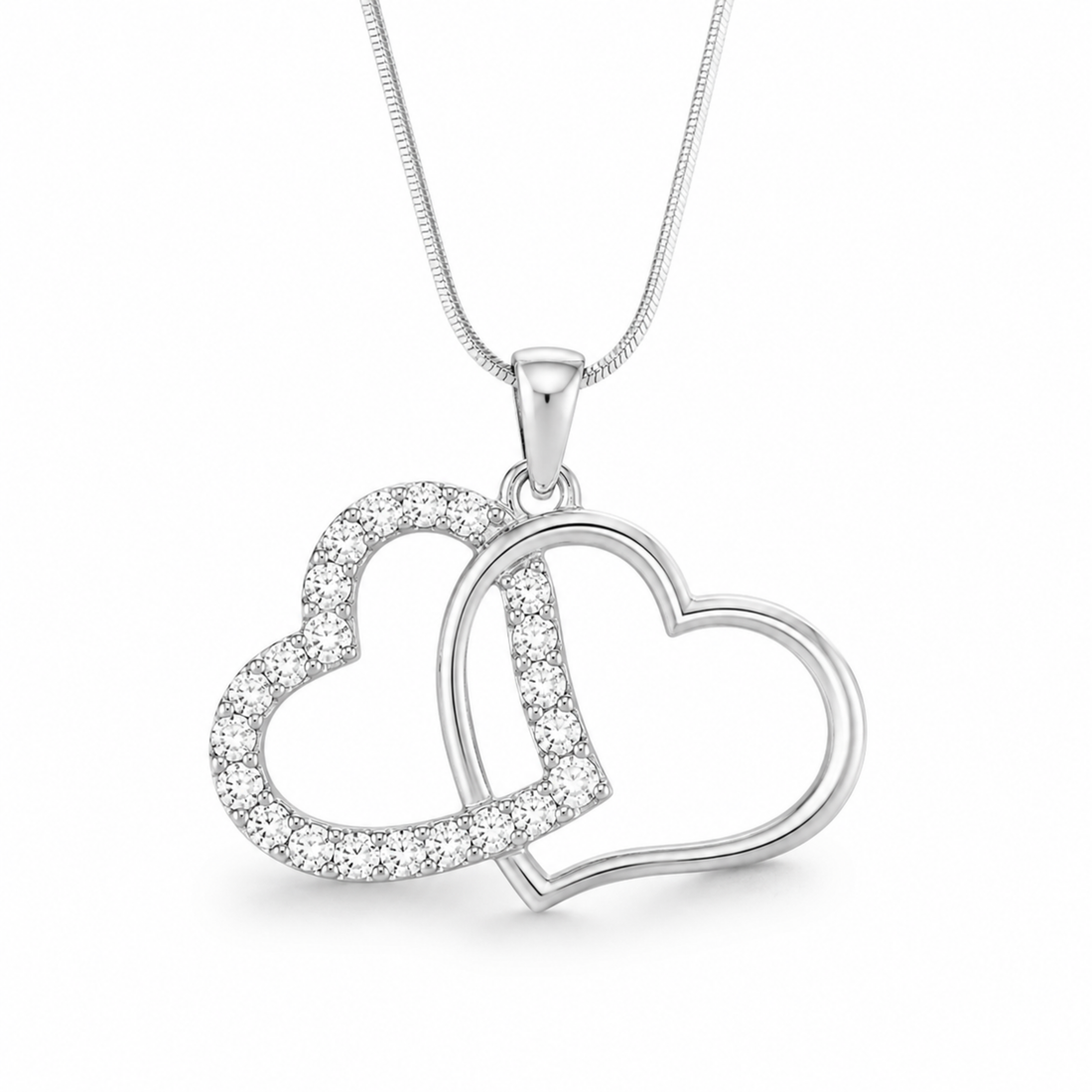 Amorielle twin heart pendant necklace in white polish with sparkling white stones