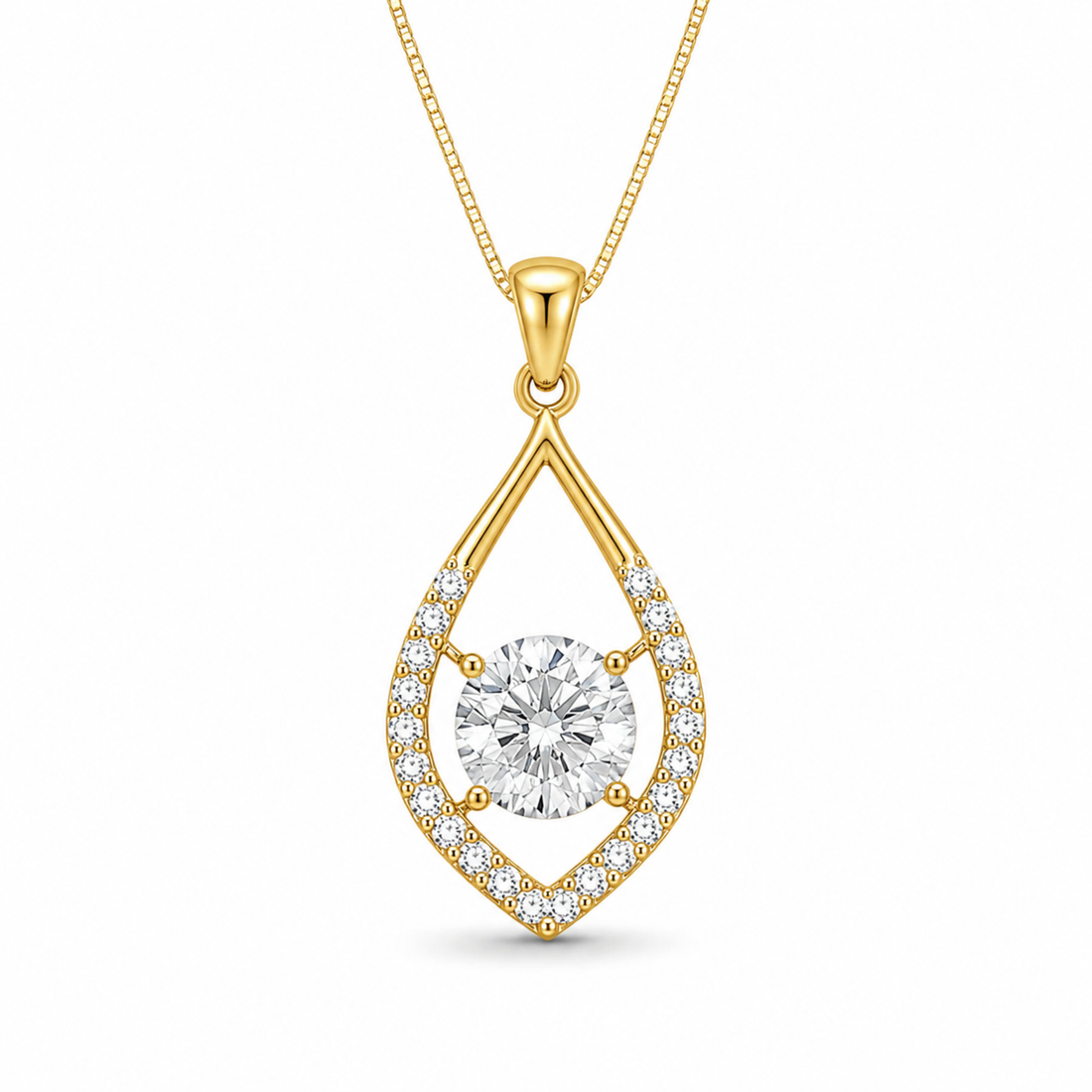 Auravelle Drop pendant necklace in golden polish with diamond white stone and elegant teardrop design