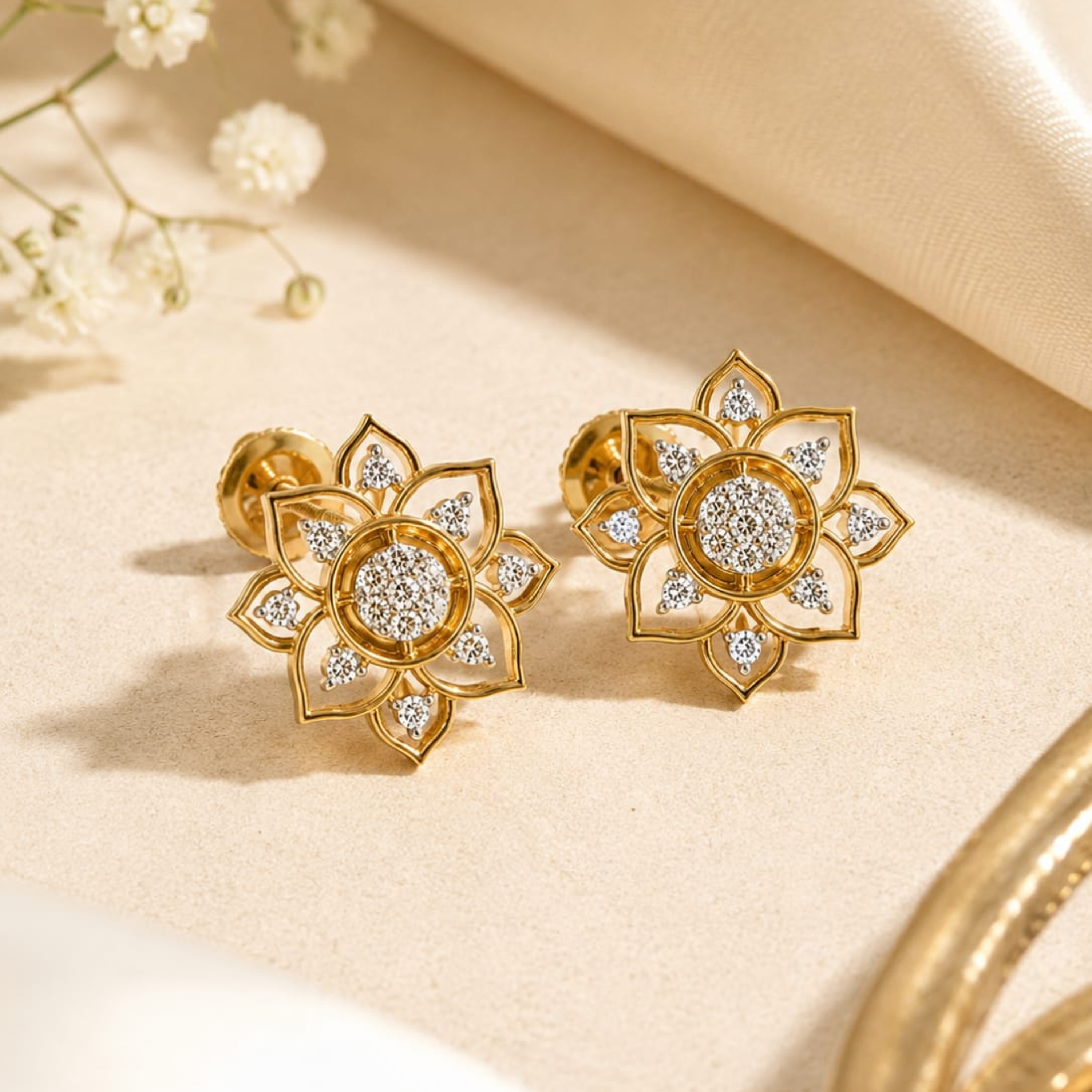 Creative pic Aurelia Flora 925 silver stud earrings in gold polish with sparkling diamond-like stones 