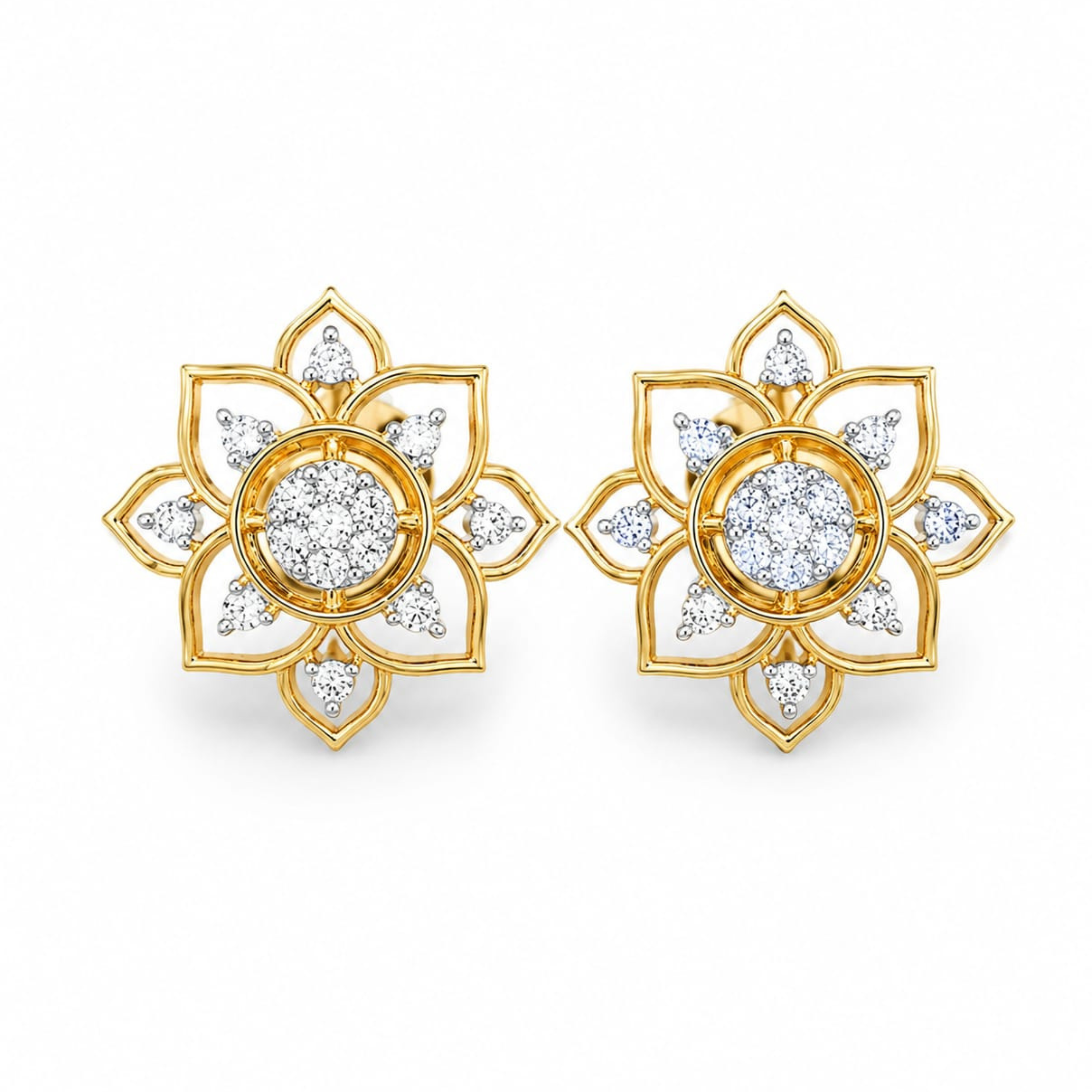 Aurelia Flora 925 silver stud earrings in gold polish with sparkling diamond-like stones on white background